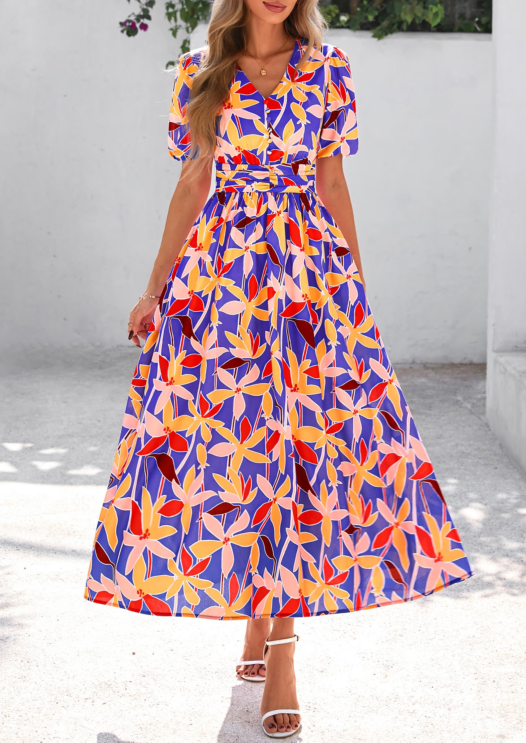 Foto 4 | Vestido Largo Prettygarden Para Mujer, Verano 2025, Cuello En V, Azul Floral - Venta Internacional.