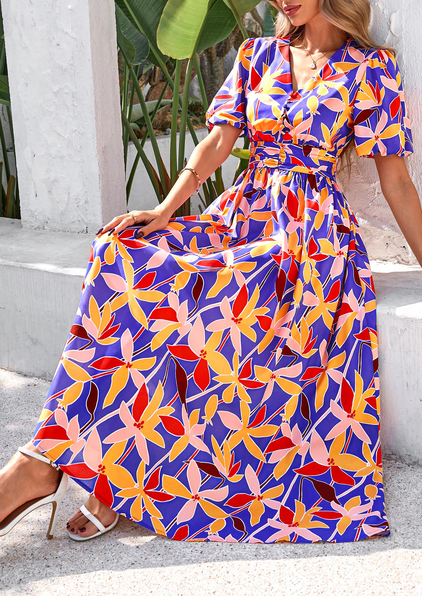 Foto 6 | Vestido Largo Prettygarden Para Mujer, Verano 2025, Cuello En V, Azul Floral - Venta Internacional.