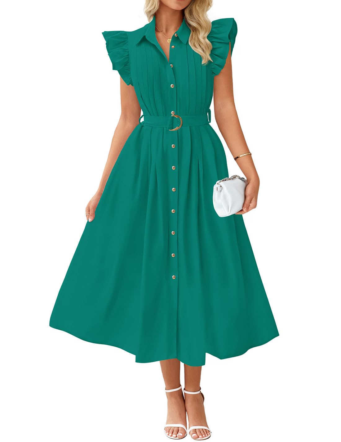 Foto 2 pulgar | Vestido Midi Zesica 2025 Summer Boho Botón Cuello En V Verde Oscuro - Venta Internacional.