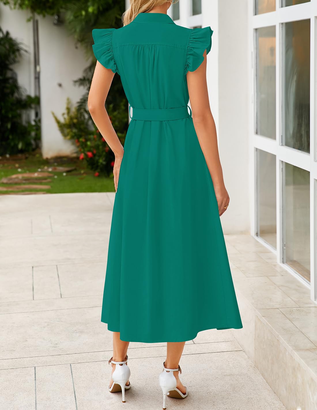 Foto 4 pulgar | Vestido Midi Zesica 2025 Summer Boho Botón Cuello En V Verde Oscuro - Venta Internacional.