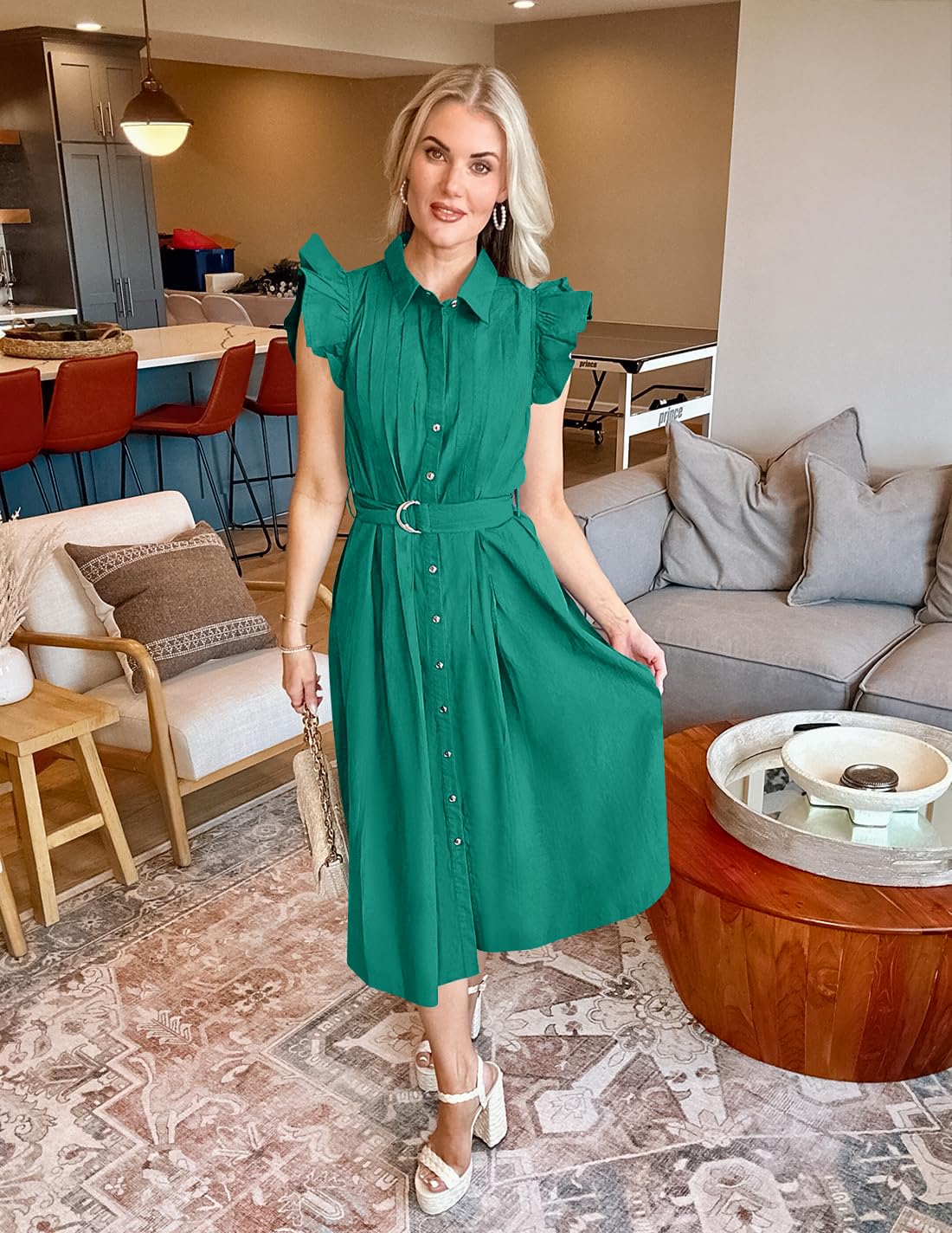 Foto 6 pulgar | Vestido Midi Zesica 2025 Summer Boho Botón Cuello En V Verde Oscuro - Venta Internacional.