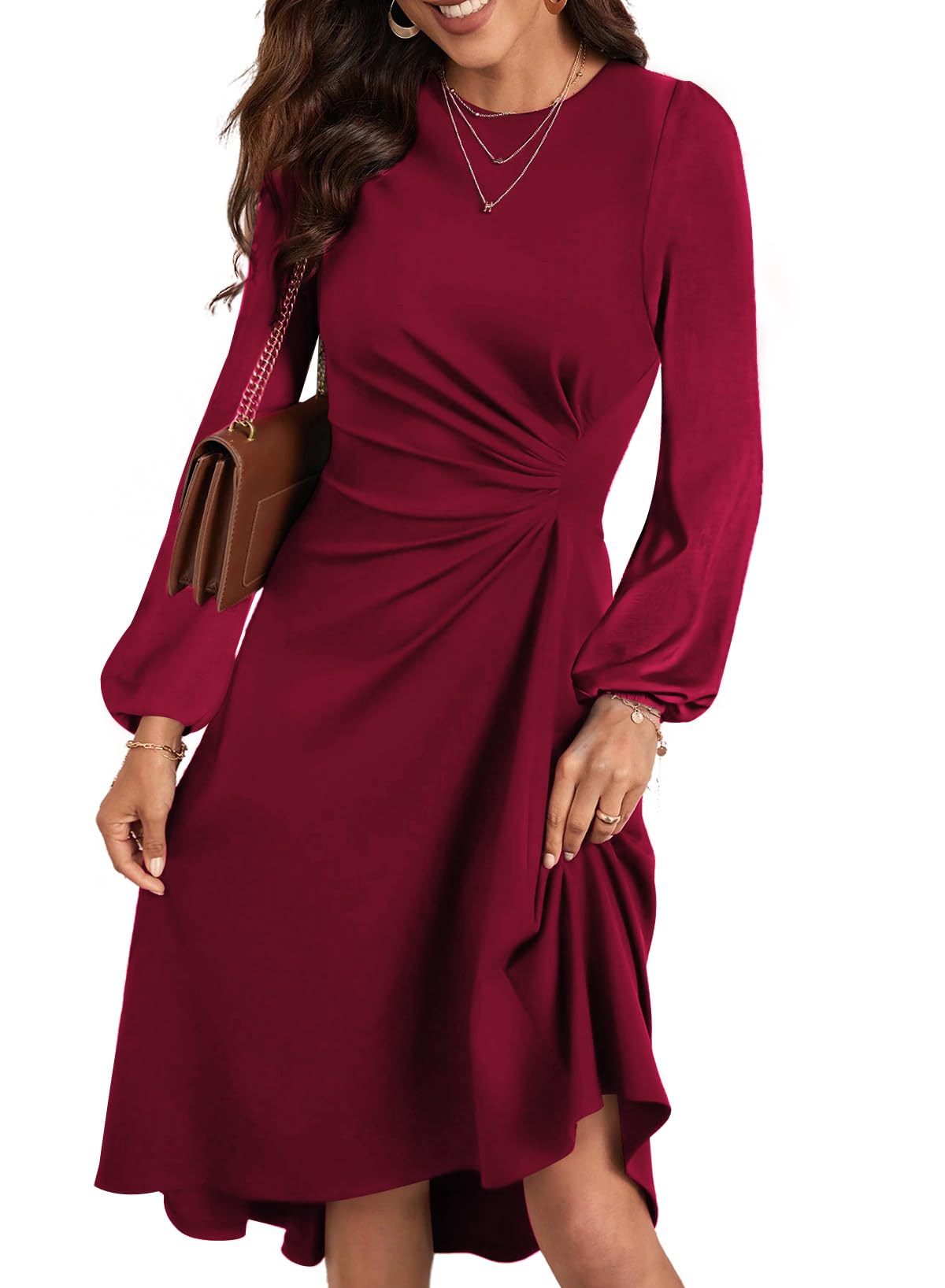 Vestido Midi Happy Sailed 2024 De Manga Larga Con Cuello Redondo Burdeos - Venta Internacional.
