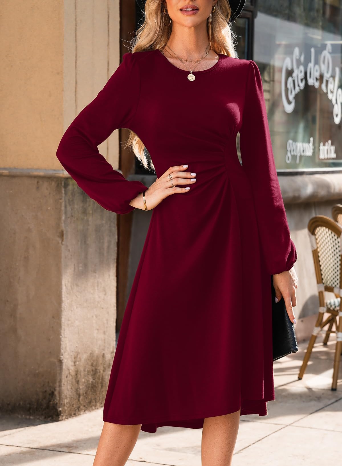 Foto 5 pulgar | Vestido Midi Happy Sailed 2024 De Manga Larga Con Cuello Redondo Burdeos - Venta Internacional.