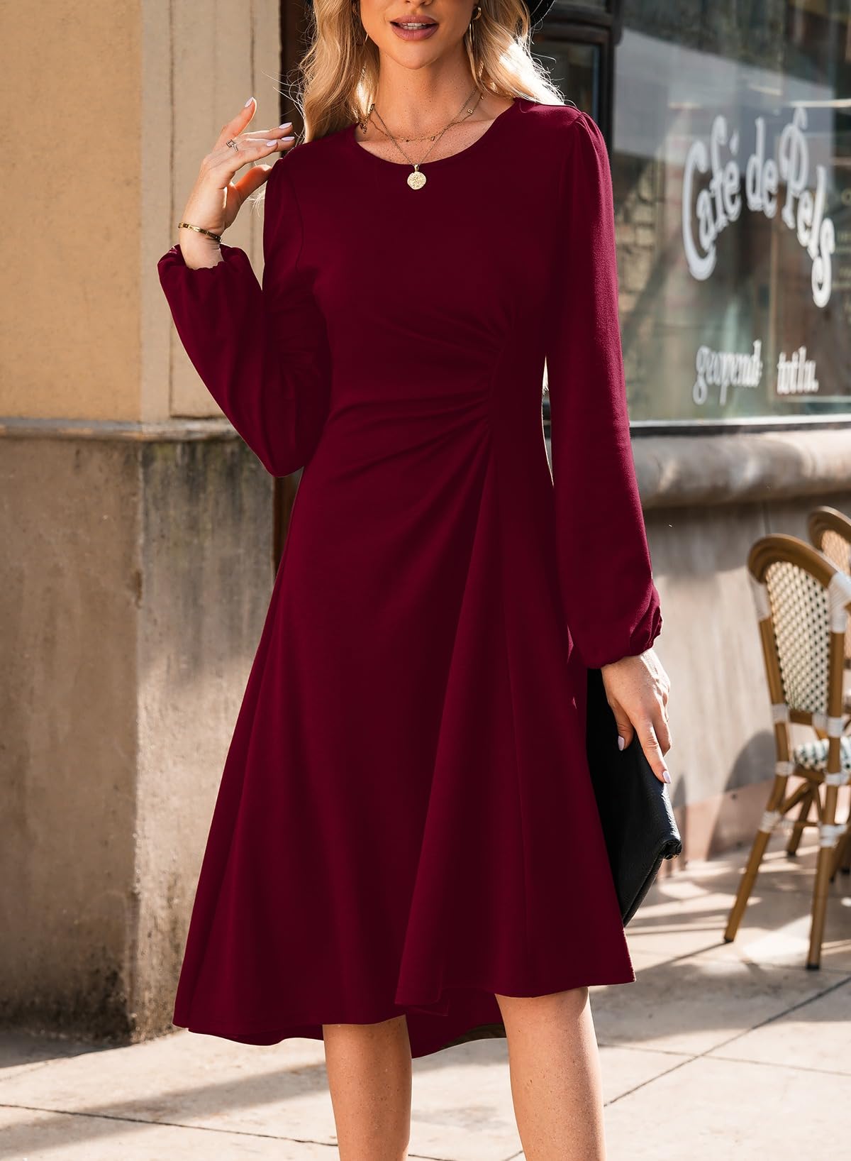 Foto 6 pulgar | Vestido Midi Happy Sailed 2024 De Manga Larga Con Cuello Redondo Burdeos - Venta Internacional.