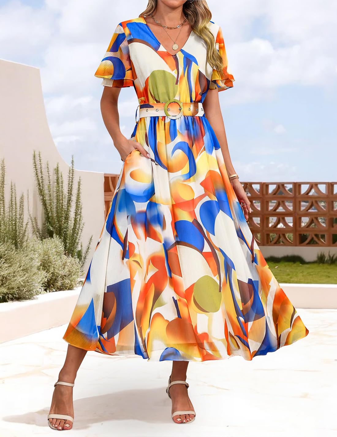 Foto 3 pulgar | Vestido Largo Zesica Para Mujer Con Estampado Floral De Verano 2025 Y Cinturón - Venta Internacional.