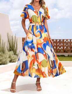Foto 2 | Vestido Largo Zesica Para Mujer Con Estampado Floral De Verano 2025 Y Cinturón - Venta Internacional.