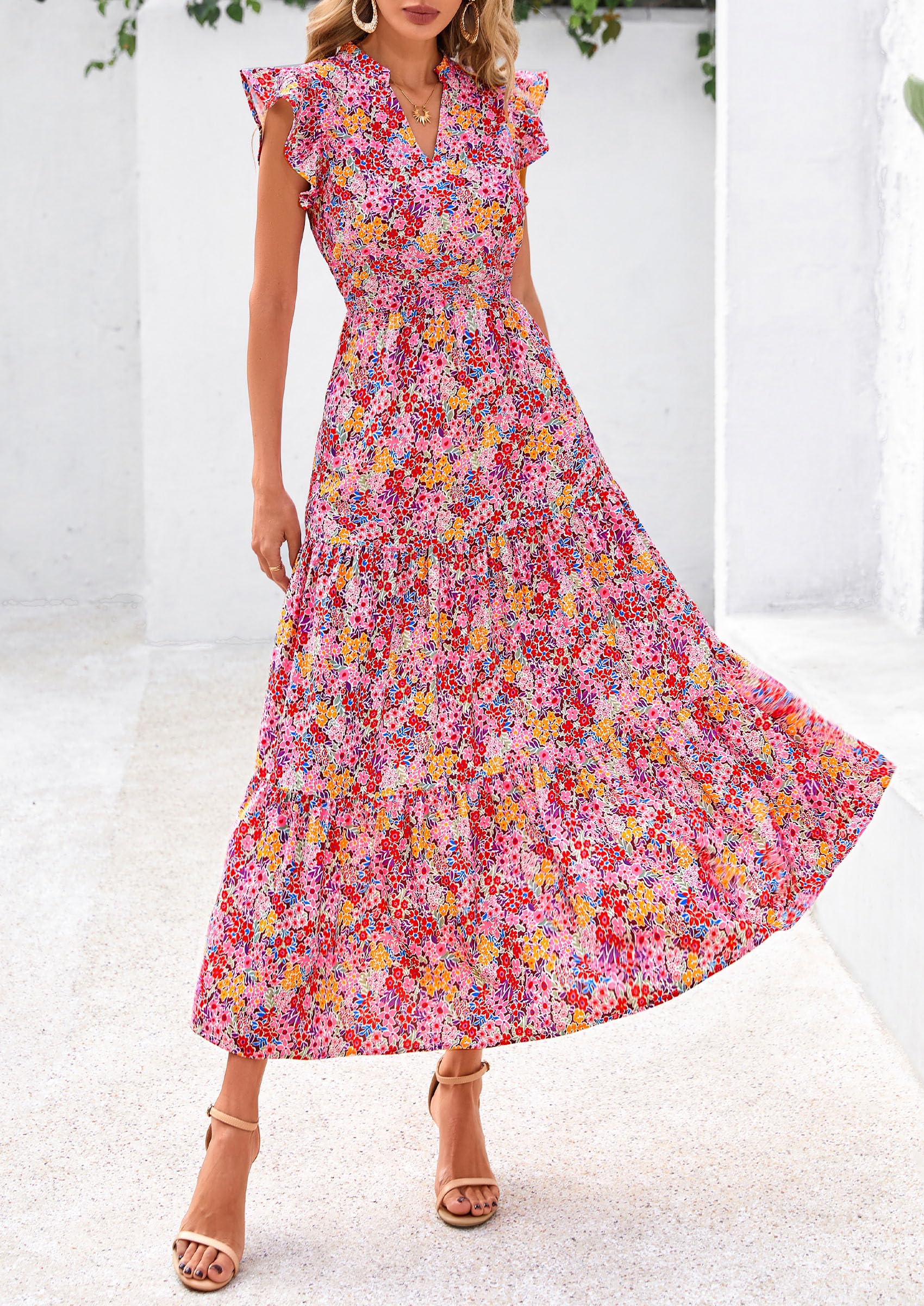 Foto 4 pulgar | Vestido Midi Prettygarden Para Mujer, Verano 2025, Estampado Floral, Rojo Vino - Venta Internacional.