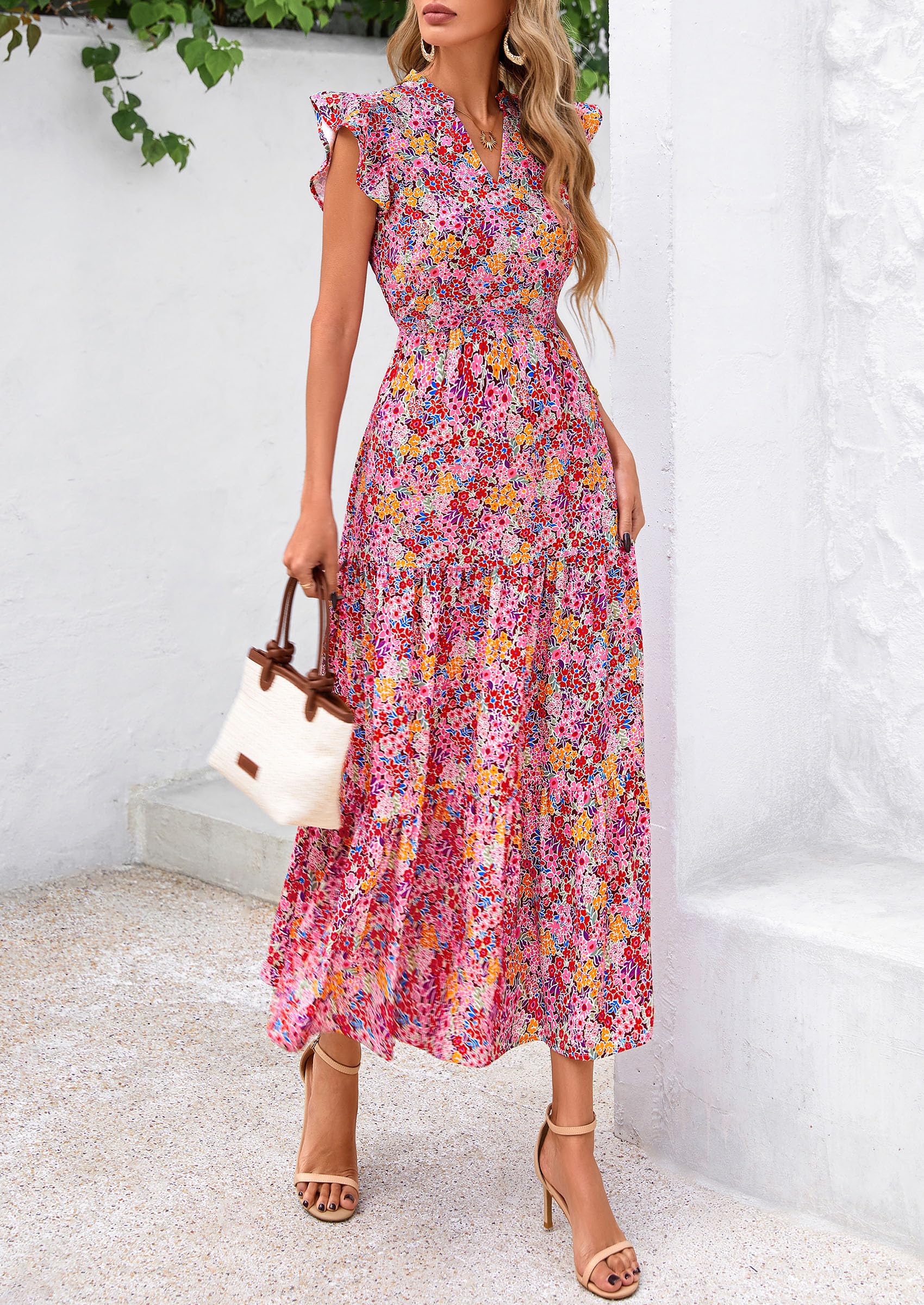 Foto 5 pulgar | Vestido Midi Prettygarden Para Mujer, Verano 2025, Estampado Floral, Rojo Vino - Venta Internacional.