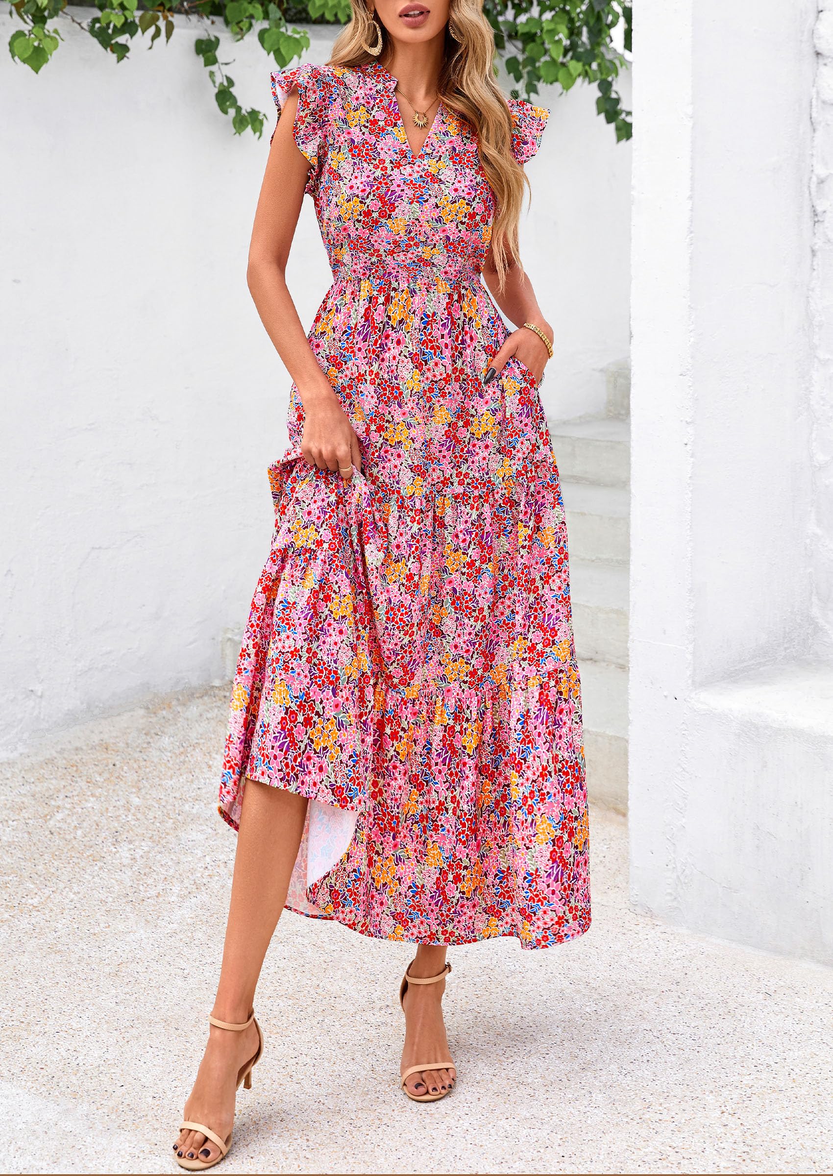 Foto 8 pulgar | Vestido Midi Prettygarden Para Mujer, Verano 2025, Estampado Floral, Rojo Vino - Venta Internacional.