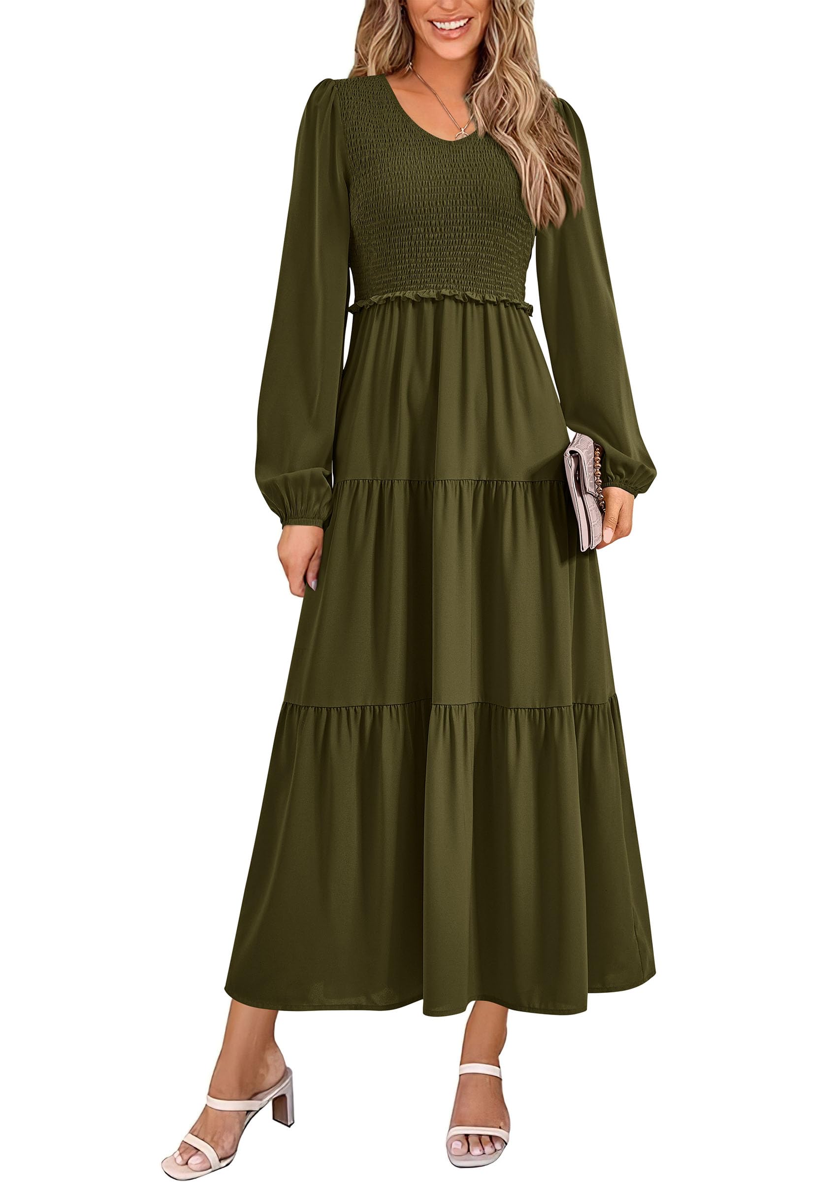 Foto 2 pulgar | Vestido Midi Prettygarden Para Mujer Con Cuello En V Fruncido Y Manga Larga - Venta Internacional.