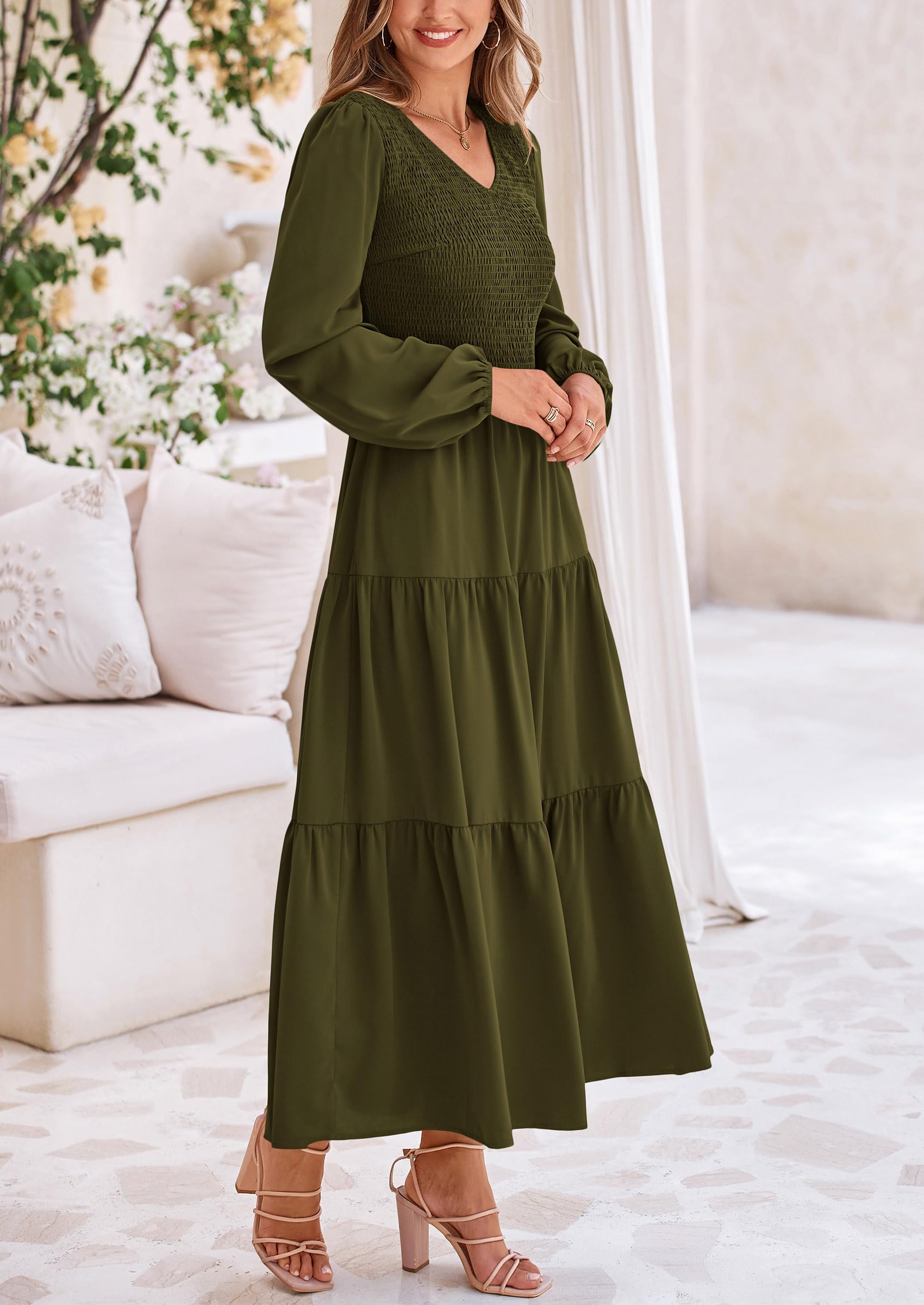 Foto 4 pulgar | Vestido Midi Prettygarden Para Mujer Con Cuello En V Fruncido Y Manga Larga - Venta Internacional.