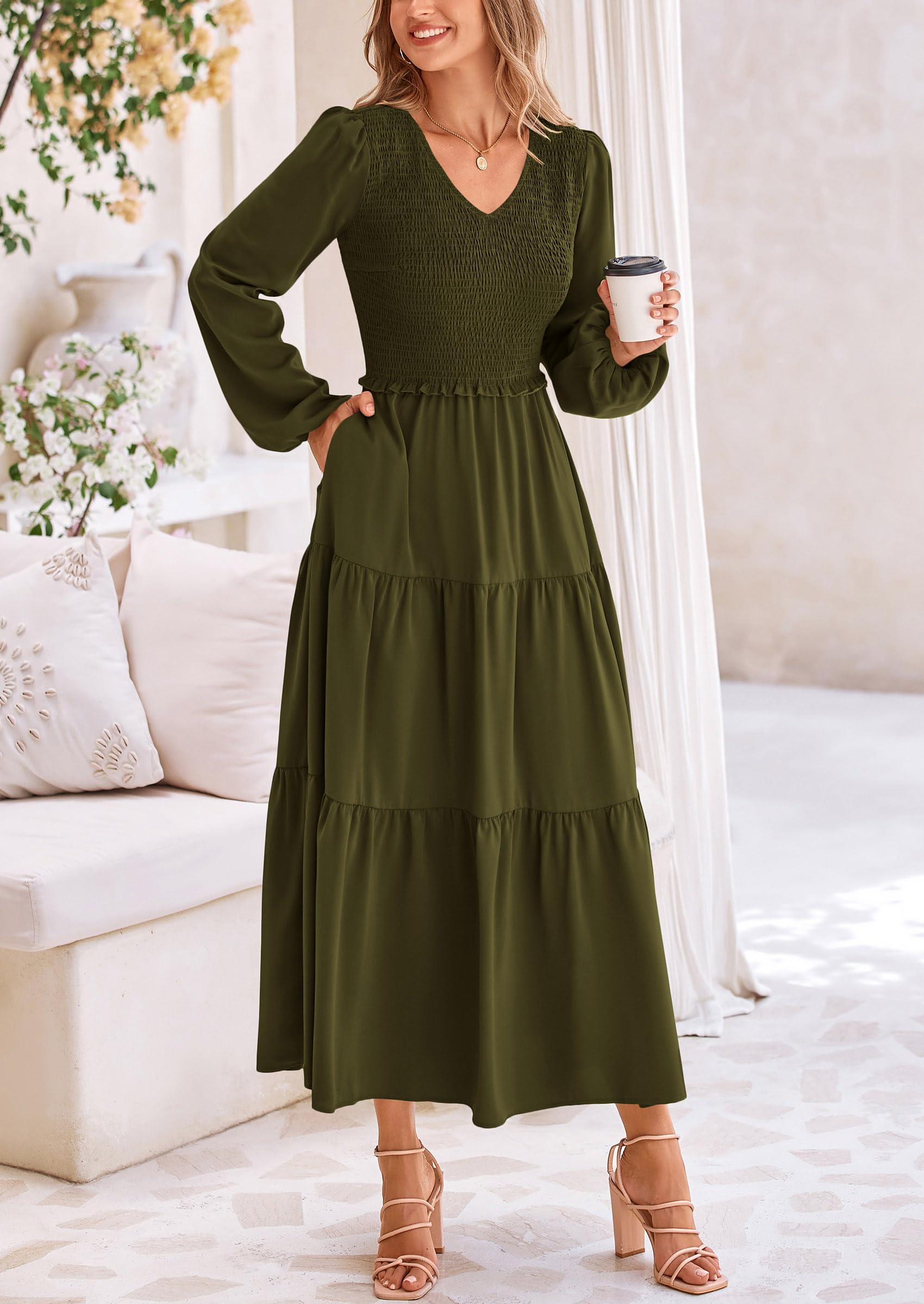 Foto 5 pulgar | Vestido Midi Prettygarden Para Mujer Con Cuello En V Fruncido Y Manga Larga - Venta Internacional.
