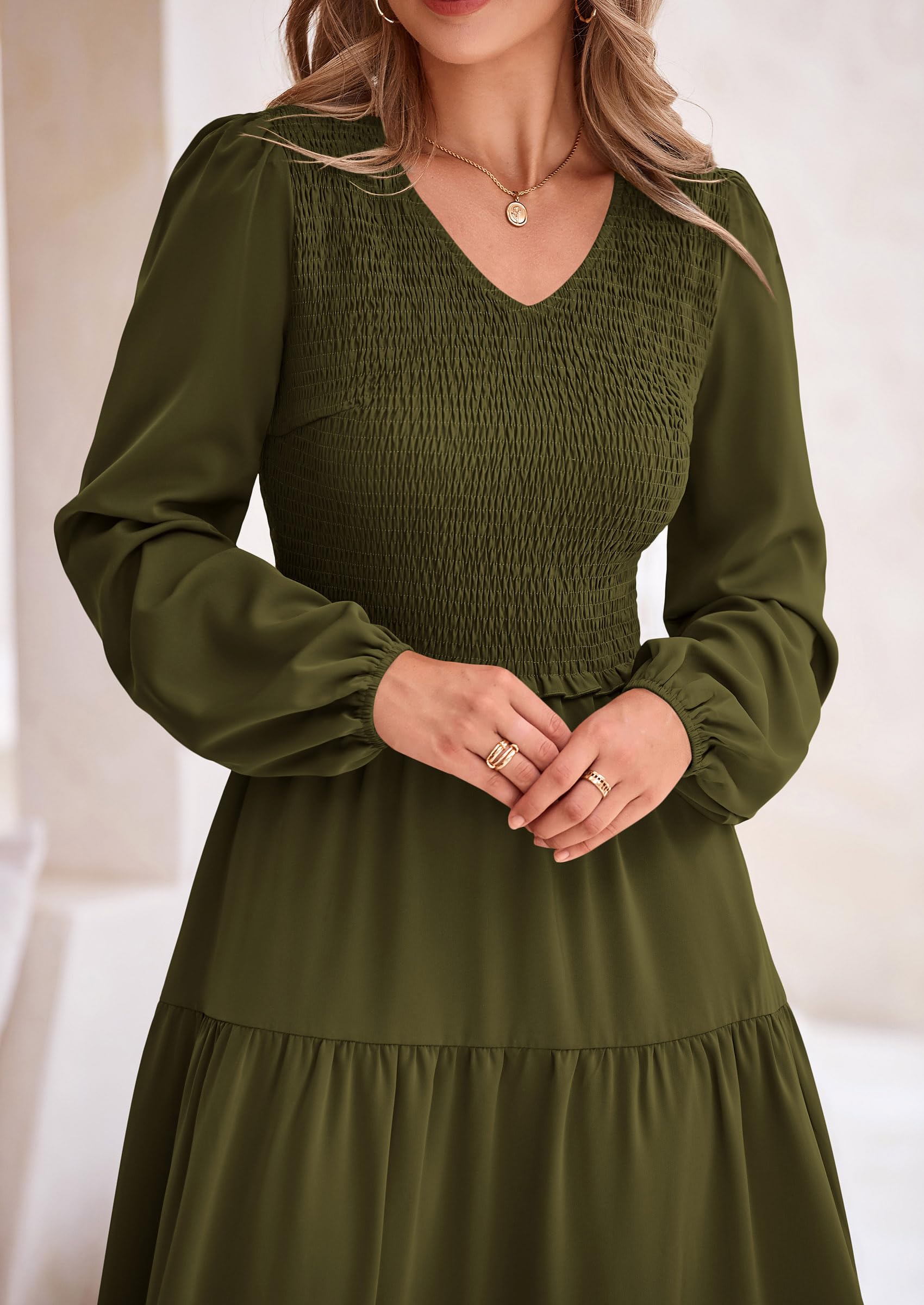 Foto 6 pulgar | Vestido Midi Prettygarden Para Mujer Con Cuello En V Fruncido Y Manga Larga - Venta Internacional.