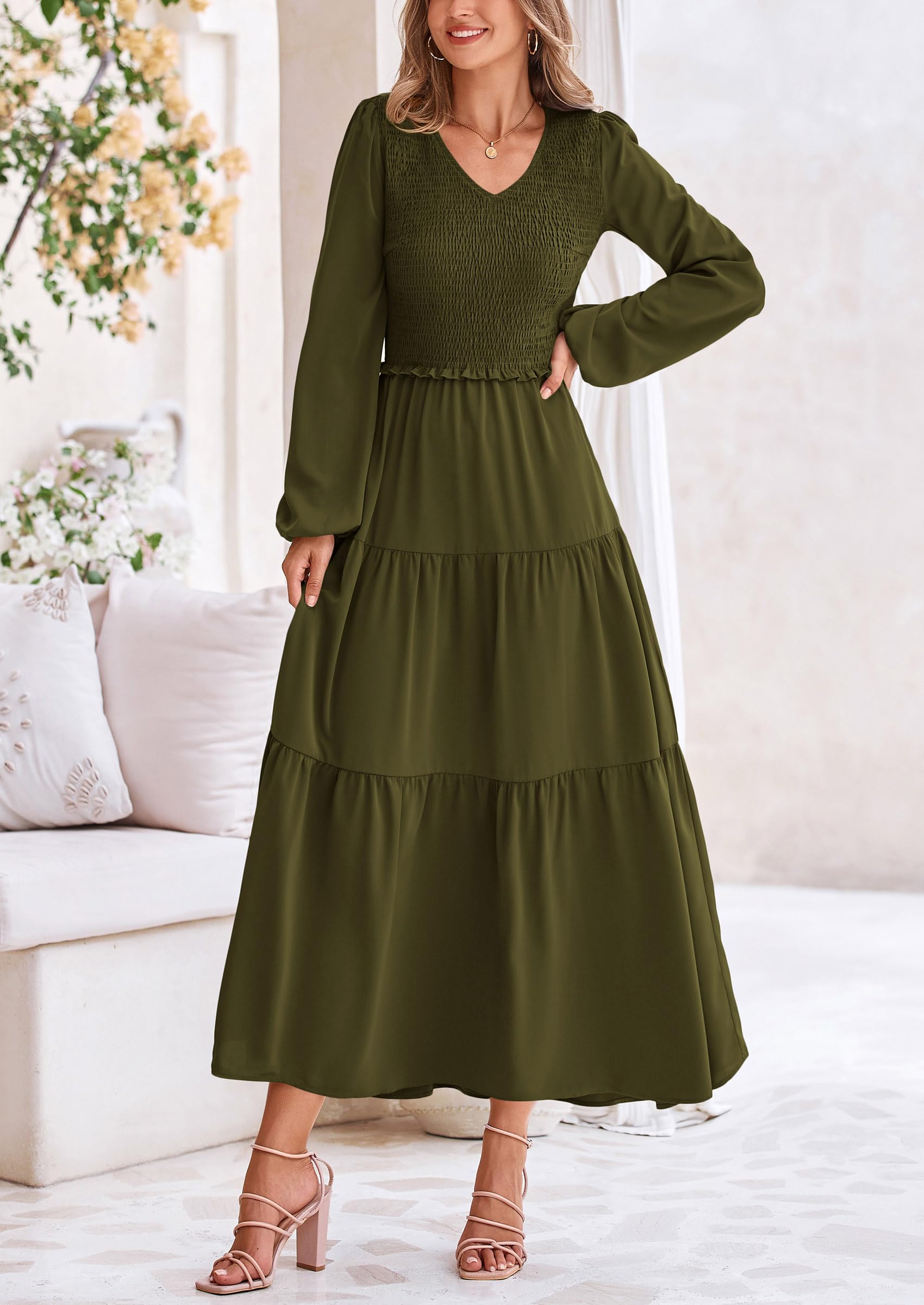 Foto 8 pulgar | Vestido Midi Prettygarden Para Mujer Con Cuello En V Fruncido Y Manga Larga - Venta Internacional.