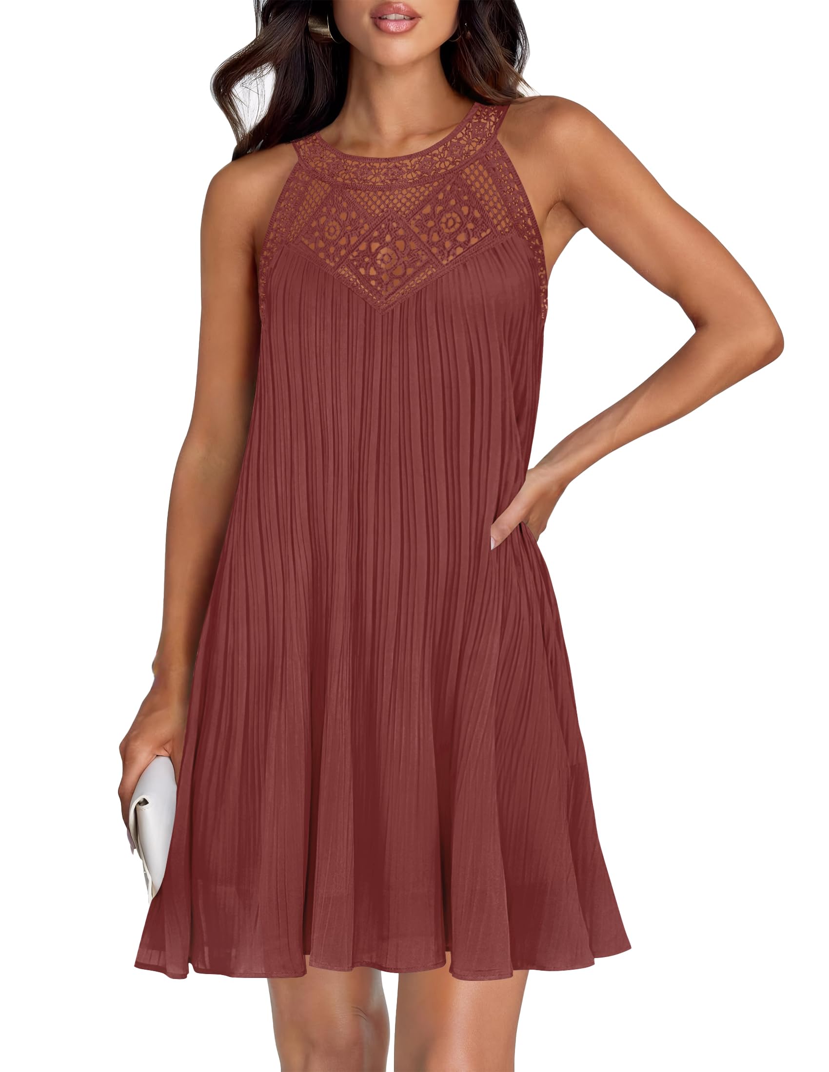 Foto 2 pulgar | Vestido Zesica 2025 Summer Halter Chiffon Mini Para Mujer, Color Oxidado - Venta Internacional.