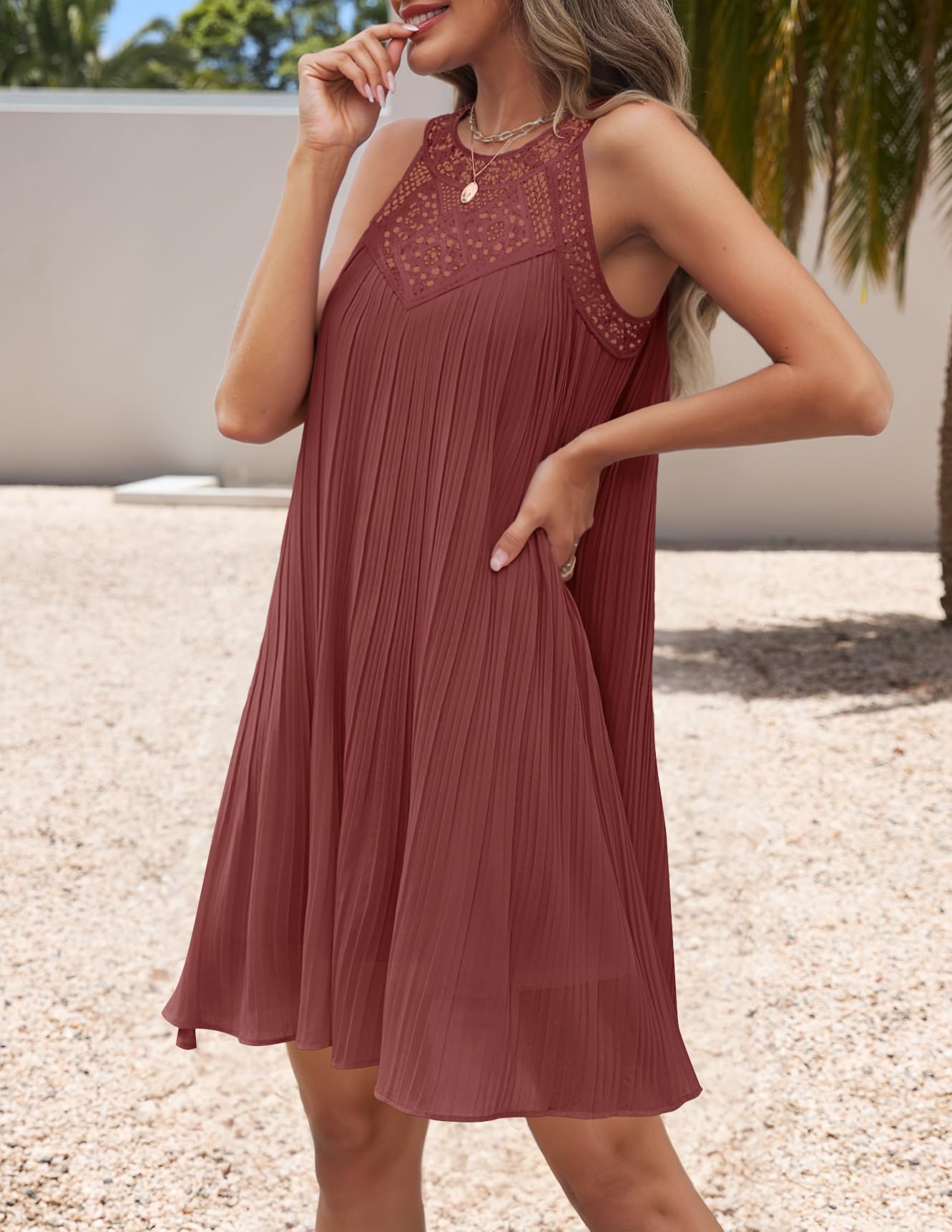 Foto 4 pulgar | Vestido Zesica 2025 Summer Halter Chiffon Mini Para Mujer, Color Oxidado - Venta Internacional.