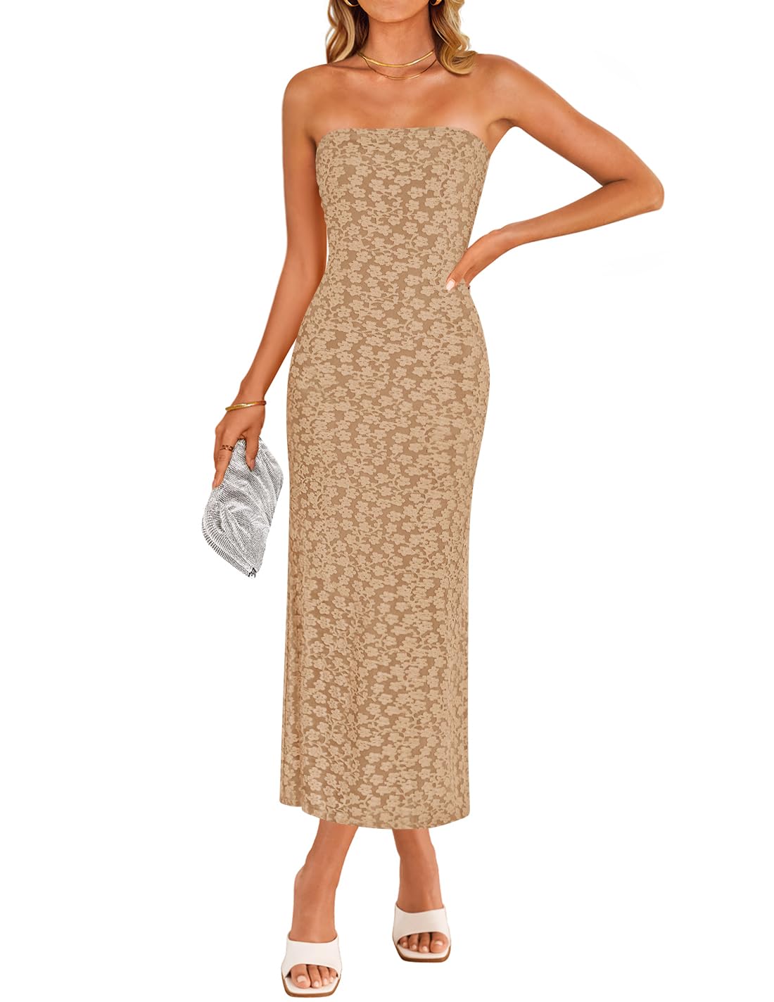 Foto 1 | Vestido Ajustado Sin Tirantes Zesica 2025, Bohemio, Floral, Sin Tirantes, Rosa Empolvado - Venta Internacional.