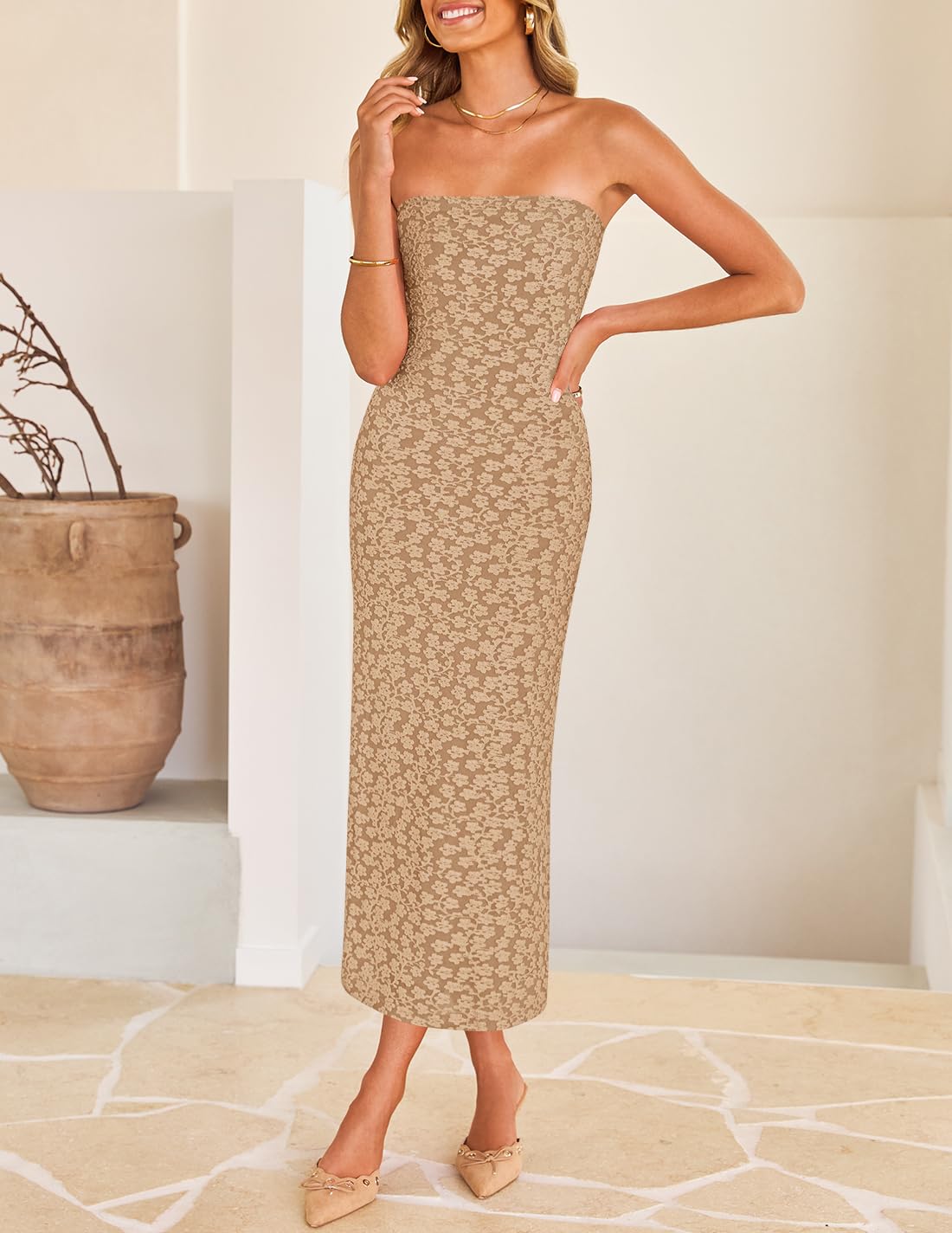 Foto 6 pulgar | Vestido Ajustado Sin Tirantes Zesica 2025, Bohemio, Floral, Sin Tirantes, Rosa Empolvado - Venta Internacional.