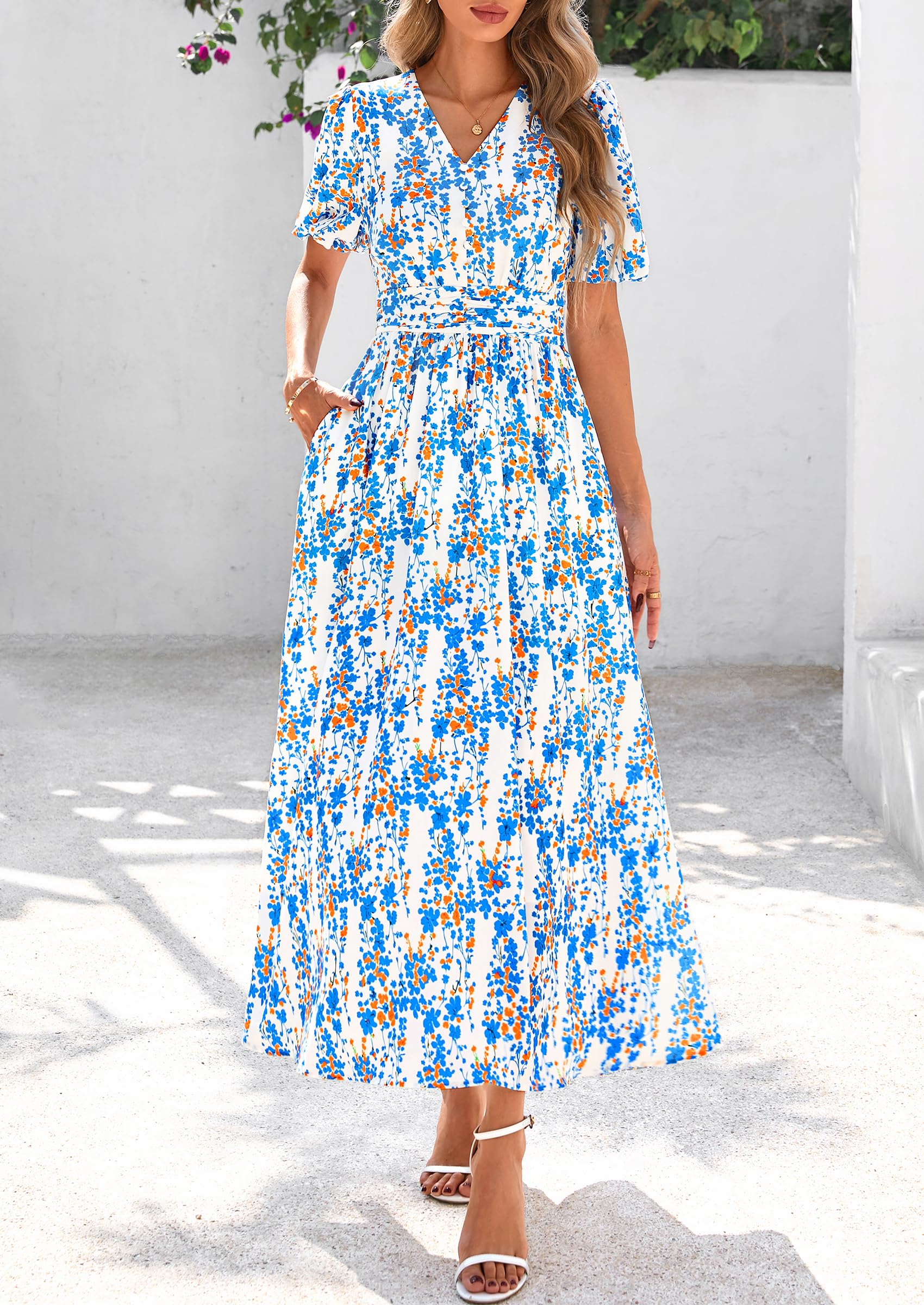 Foto 2 | Vestido Largo Prettygarden Para Mujer Con Estampado Floral De Verano Y Cuello En V - Venta Internacional.
