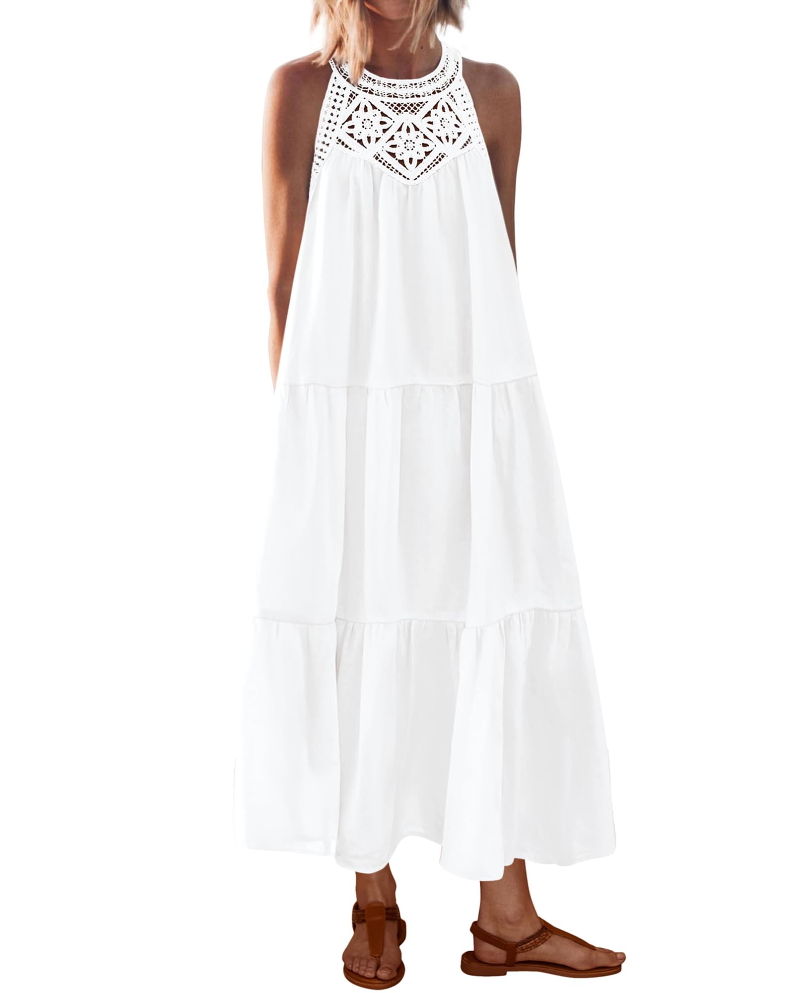Foto 2 pulgar | Vestido Btfbm Summer Halter Para Mujer, Casual, Bohemio, Blanco - Venta Internacional.