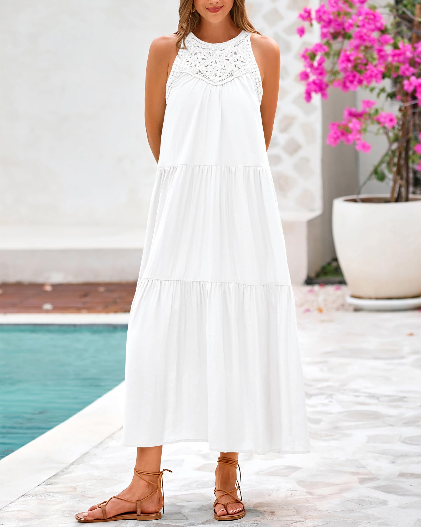 Foto 5 pulgar | Vestido Btfbm Summer Halter Para Mujer, Casual, Bohemio, Blanco - Venta Internacional.