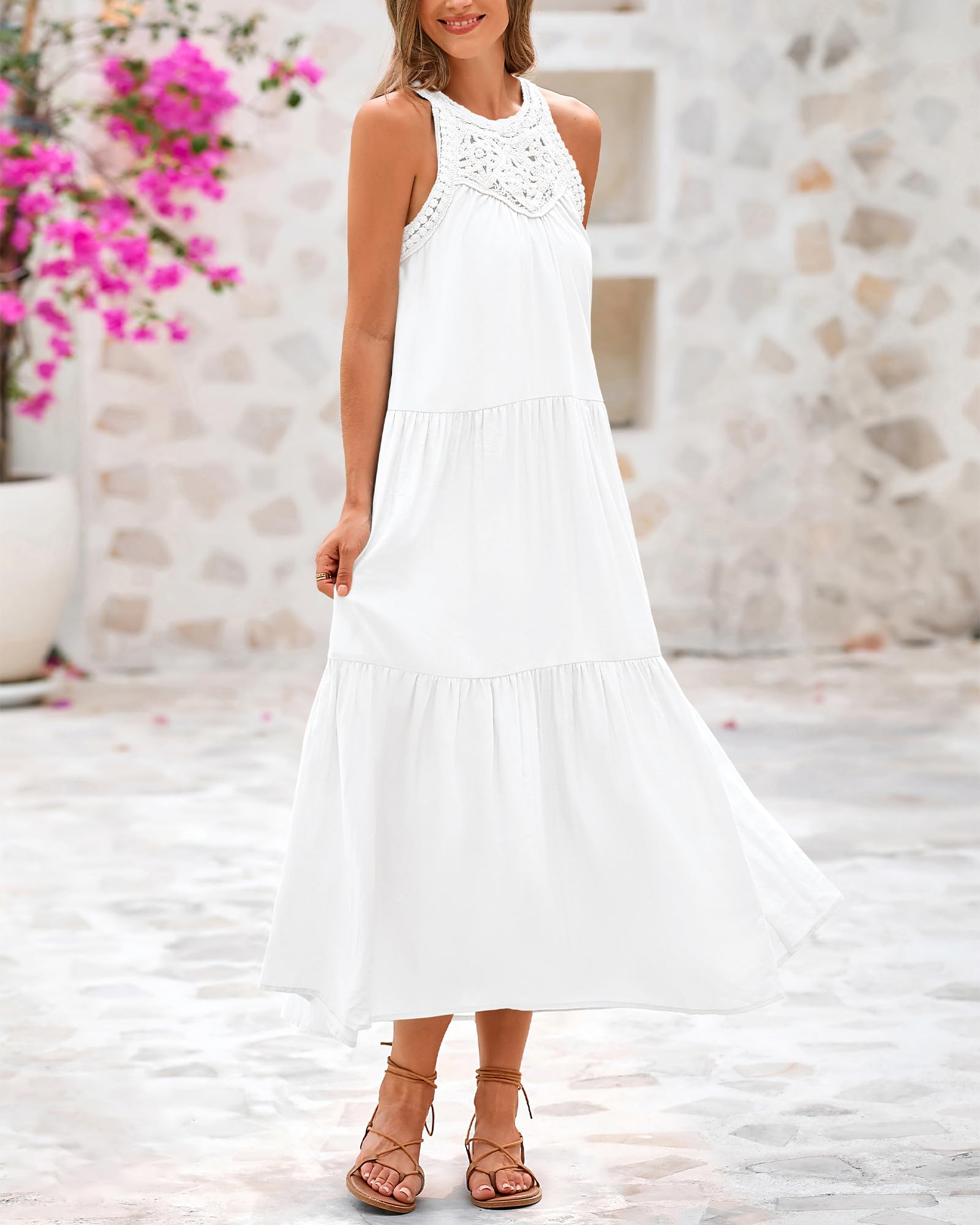 Foto 6 pulgar | Vestido Btfbm Summer Halter Para Mujer, Casual, Bohemio, Blanco - Venta Internacional.