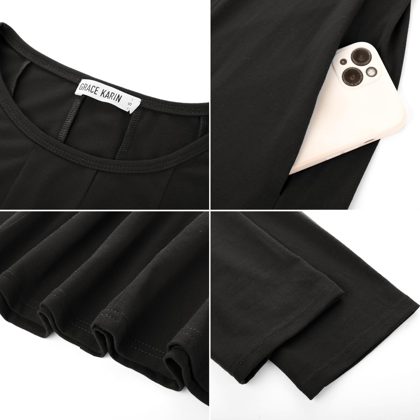 Foto 6 pulgar | Vestido Grace Karin, Negro, Manga 3/4, Casual, Holgado, A Media Pierna - Venta Internacional.
