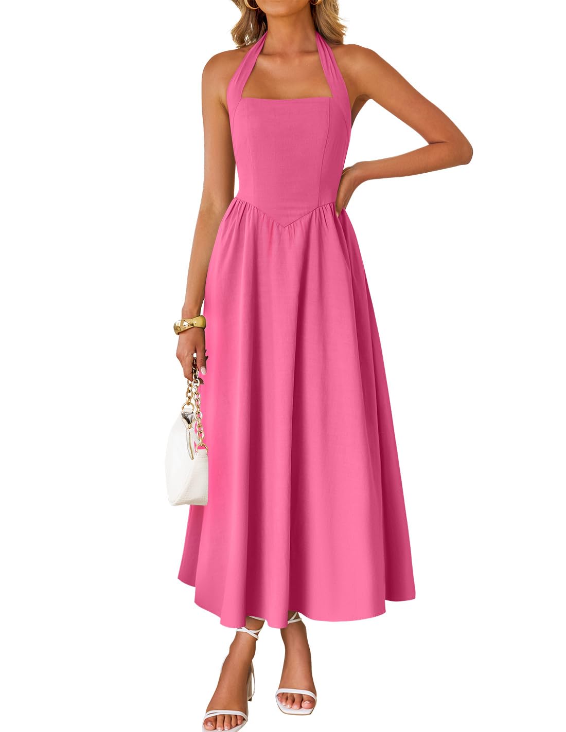Foto 2 pulgar | Vestido De Verano Zesica, Sin Mangas, Halter, Midi, Rosa Intenso, Para Mujer - Venta Internacional.