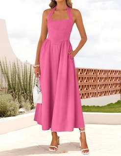 Foto 2 | Vestido De Verano Zesica, Sin Mangas, Halter, Midi, Rosa Intenso, Para Mujer - Venta Internacional.