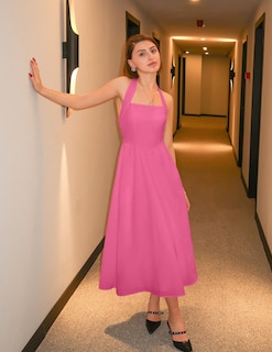 Foto 5 | Vestido De Verano Zesica, Sin Mangas, Halter, Midi, Rosa Intenso, Para Mujer - Venta Internacional.