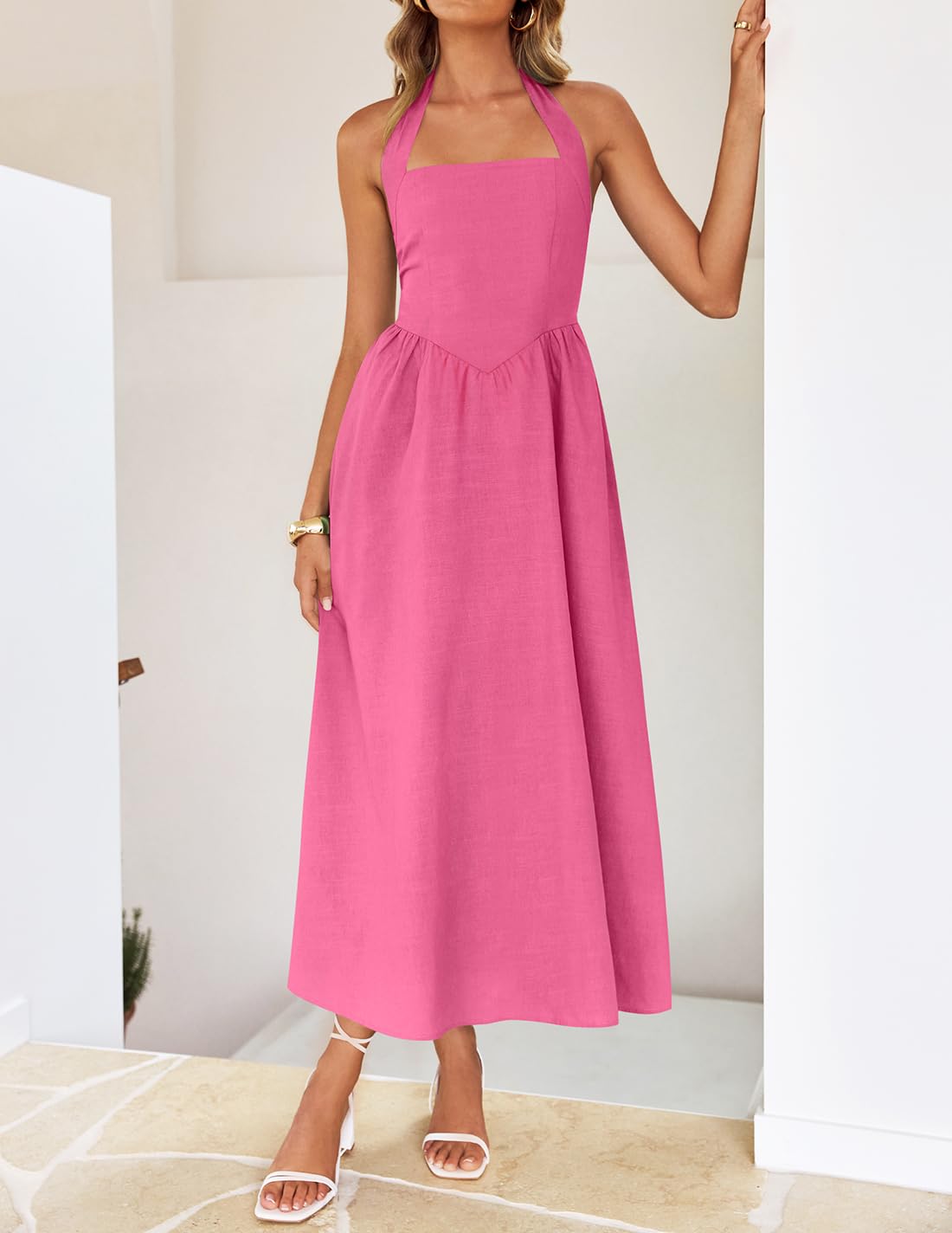 Foto 8 pulgar | Vestido De Verano Zesica, Sin Mangas, Halter, Midi, Rosa Intenso, Para Mujer - Venta Internacional.