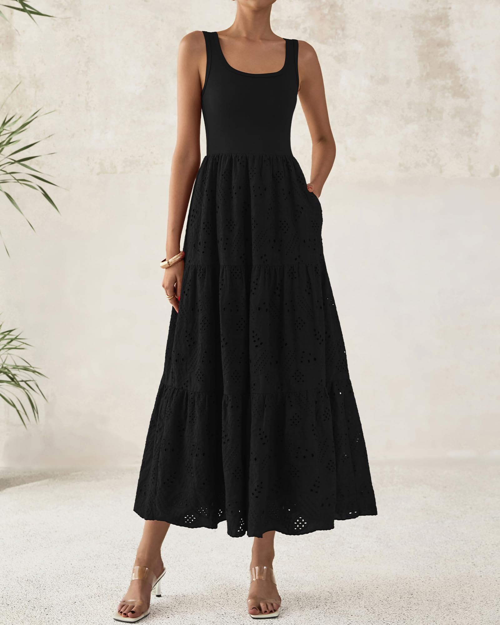 Foto 4 pulgar | Vestido Btfbm Para Mujer Con Ojales De Verano, Midi, Sin Mangas, Negro - Venta Internacional.