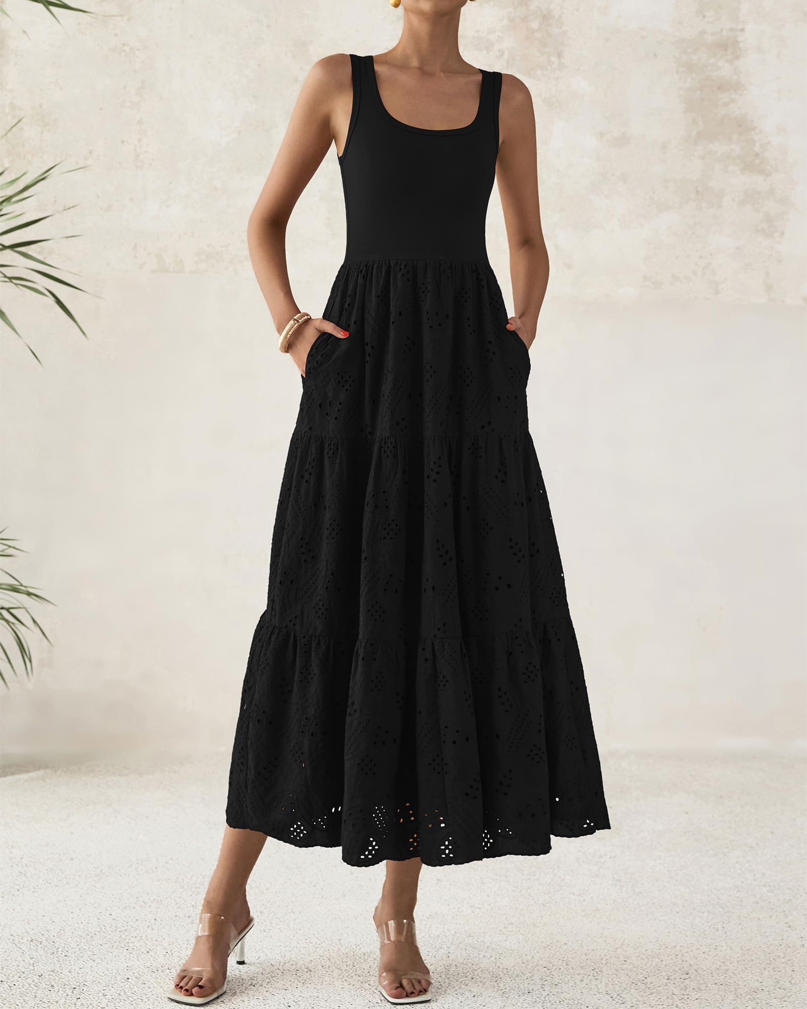 Foto 6 pulgar | Vestido Btfbm Para Mujer Con Ojales De Verano, Midi, Sin Mangas, Negro - Venta Internacional.