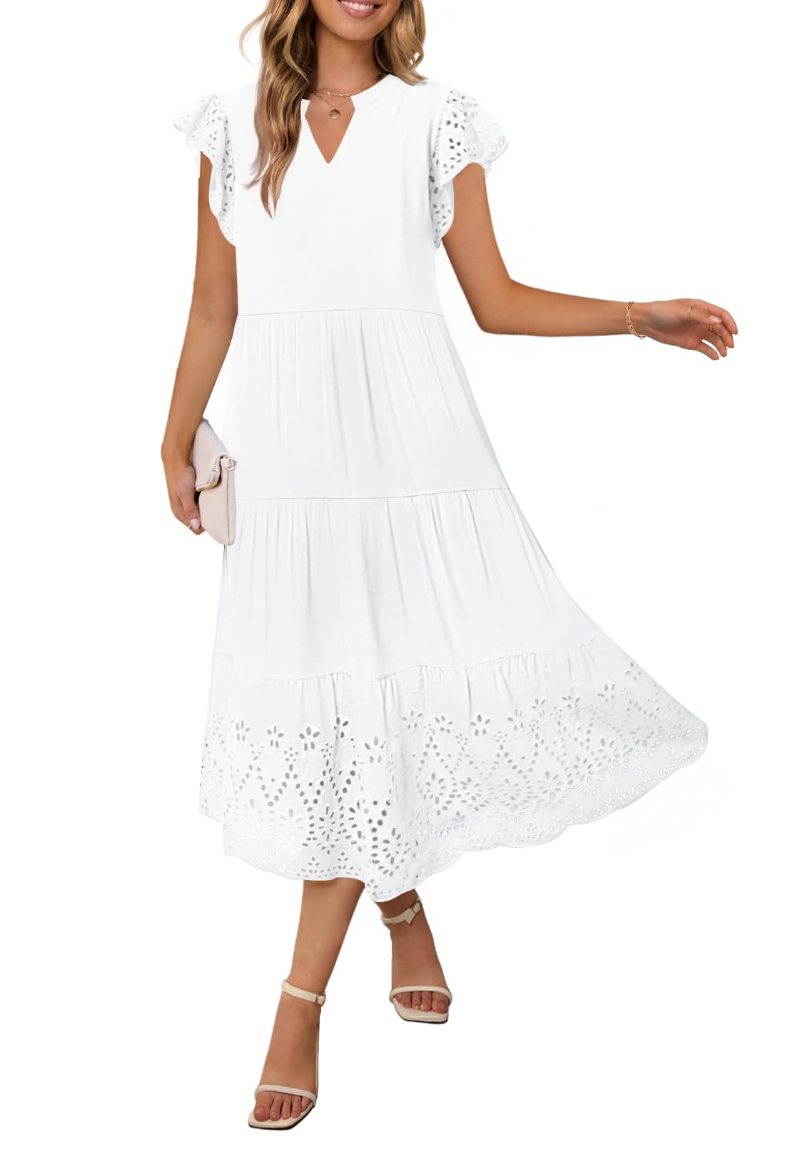 Foto 1 | Vestido Merokeety 2025 De Verano De Manga Corta A Media Pierna Con Cuello En V, Blanco - Venta Internacional.