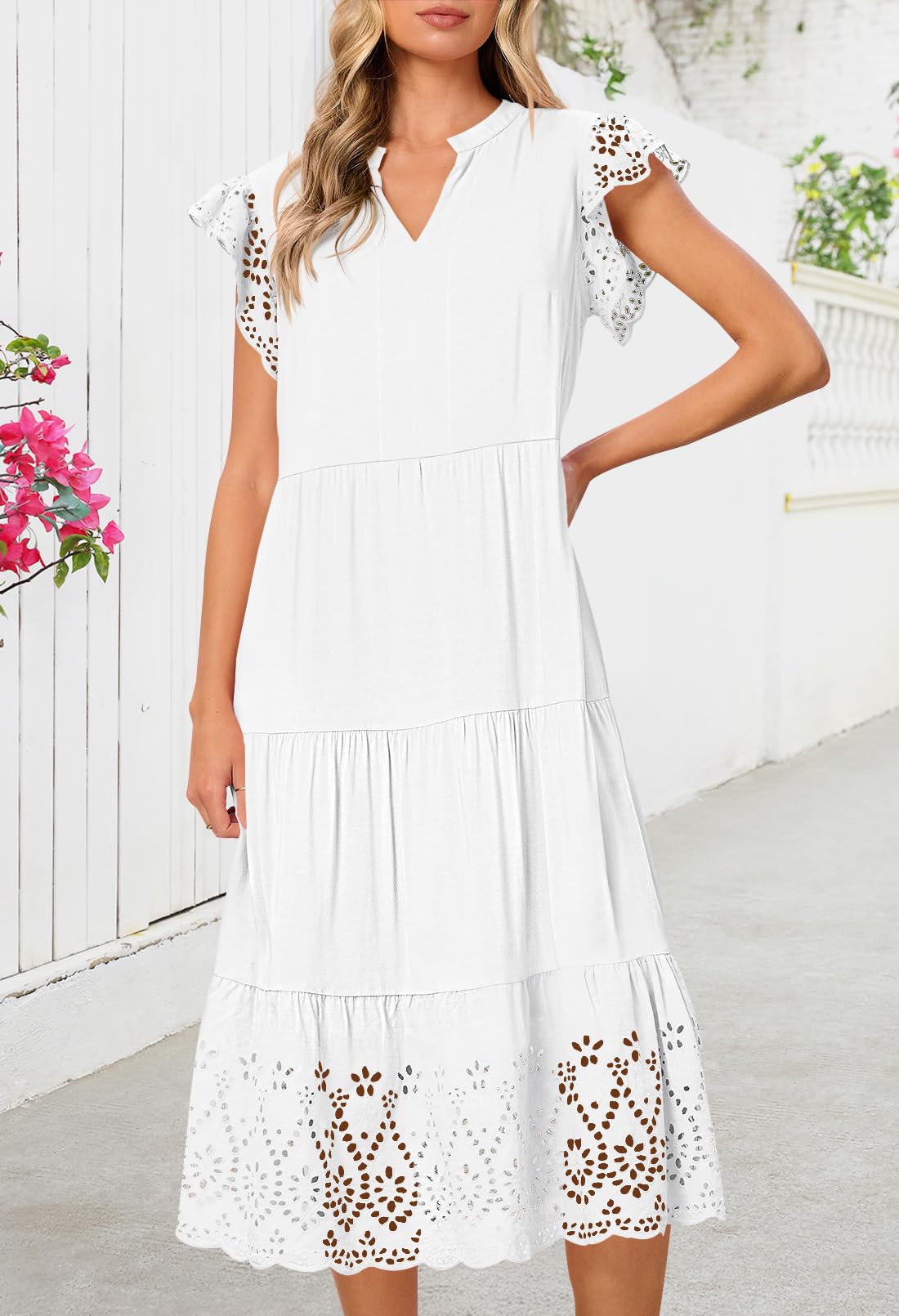 Foto 2 | Vestido Merokeety 2025 De Verano De Manga Corta A Media Pierna Con Cuello En V, Blanco - Venta Internacional.