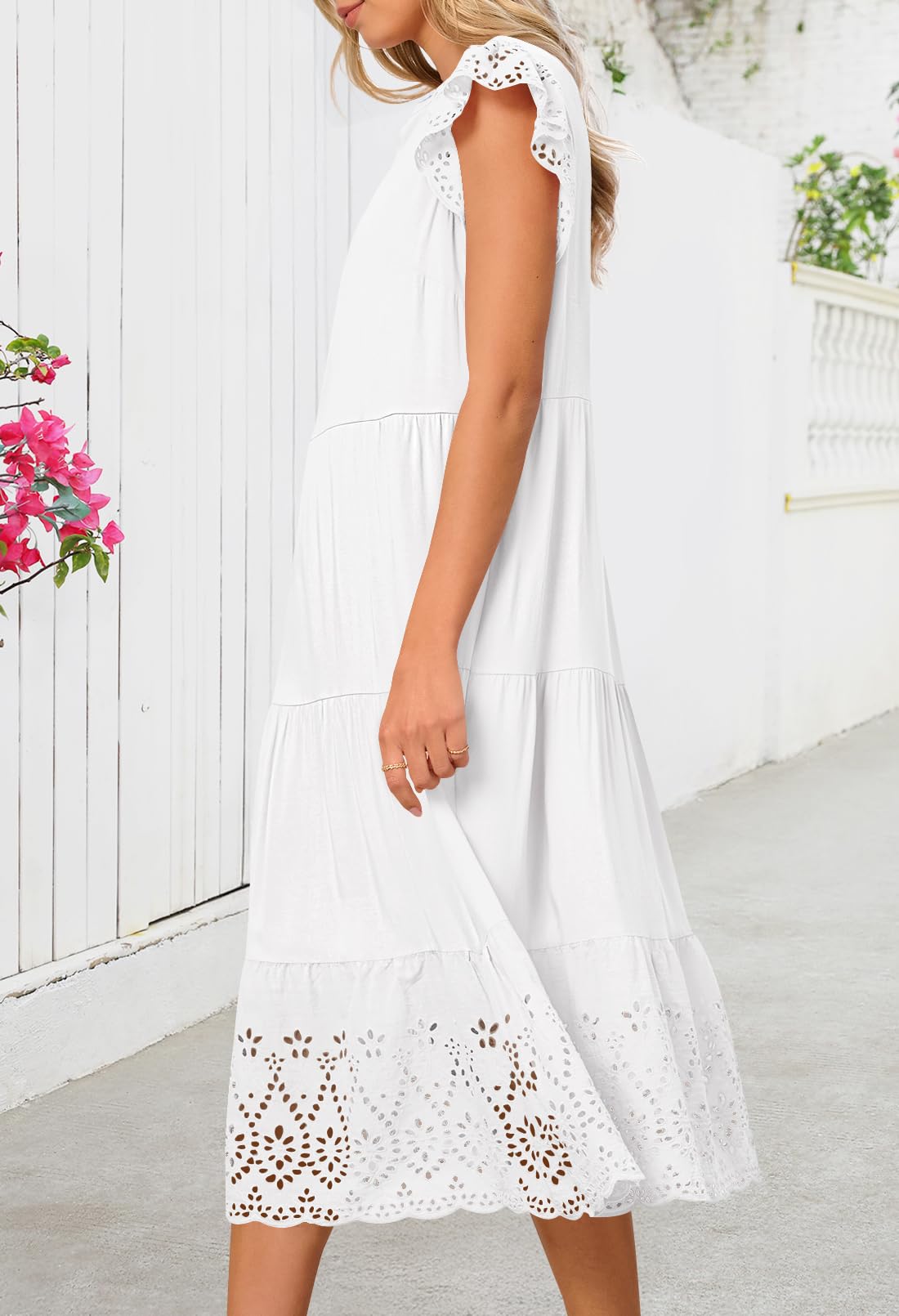 Foto 4 pulgar | Vestido Merokeety 2025 De Verano De Manga Corta A Media Pierna Con Cuello En V, Blanco - Venta Internacional.