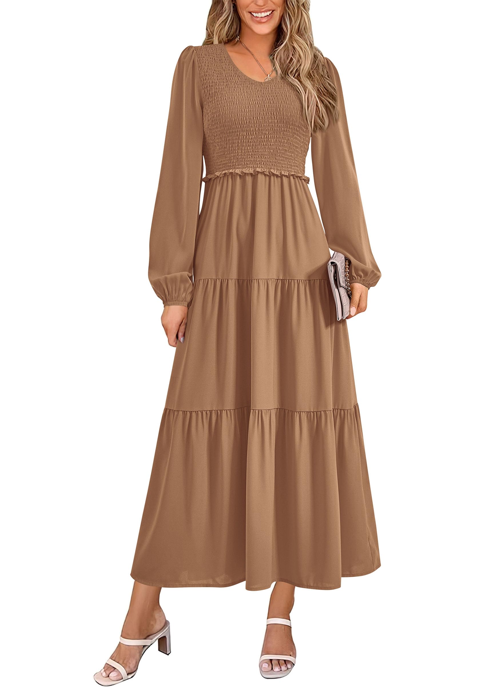 Foto 2 pulgar | Vestido Midi Prettygarden Para Mujer Con Cuello En V Fruncido Y Manga Larga - Venta Internacional.