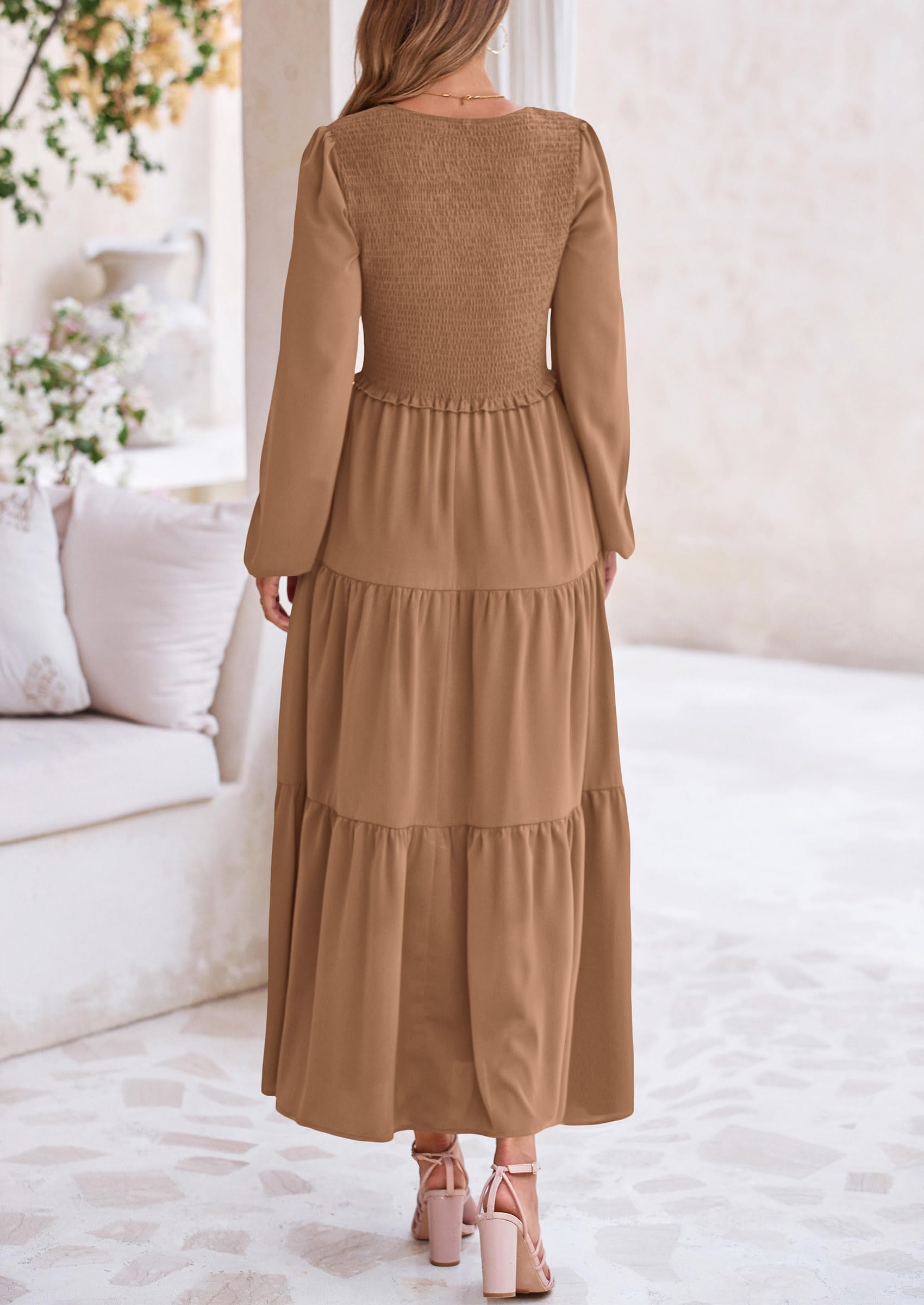 Foto 2 | Vestido Midi Prettygarden Para Mujer Con Cuello En V Fruncido Y Manga Larga - Venta Internacional.
