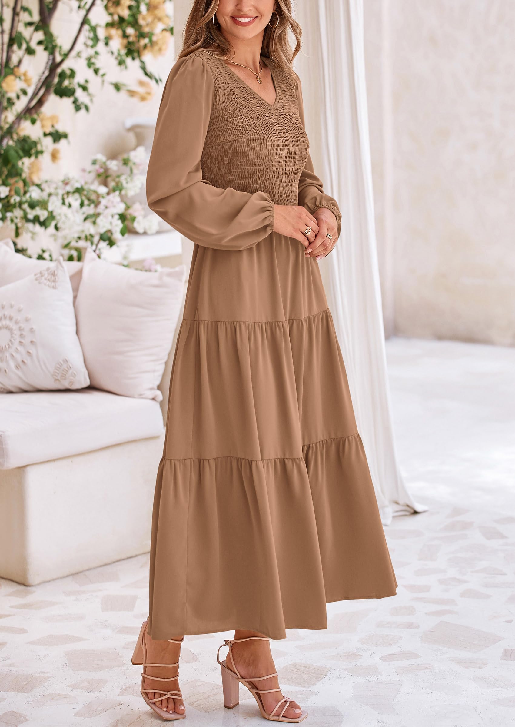 Foto 4 pulgar | Vestido Midi Prettygarden Para Mujer Con Cuello En V Fruncido Y Manga Larga - Venta Internacional.
