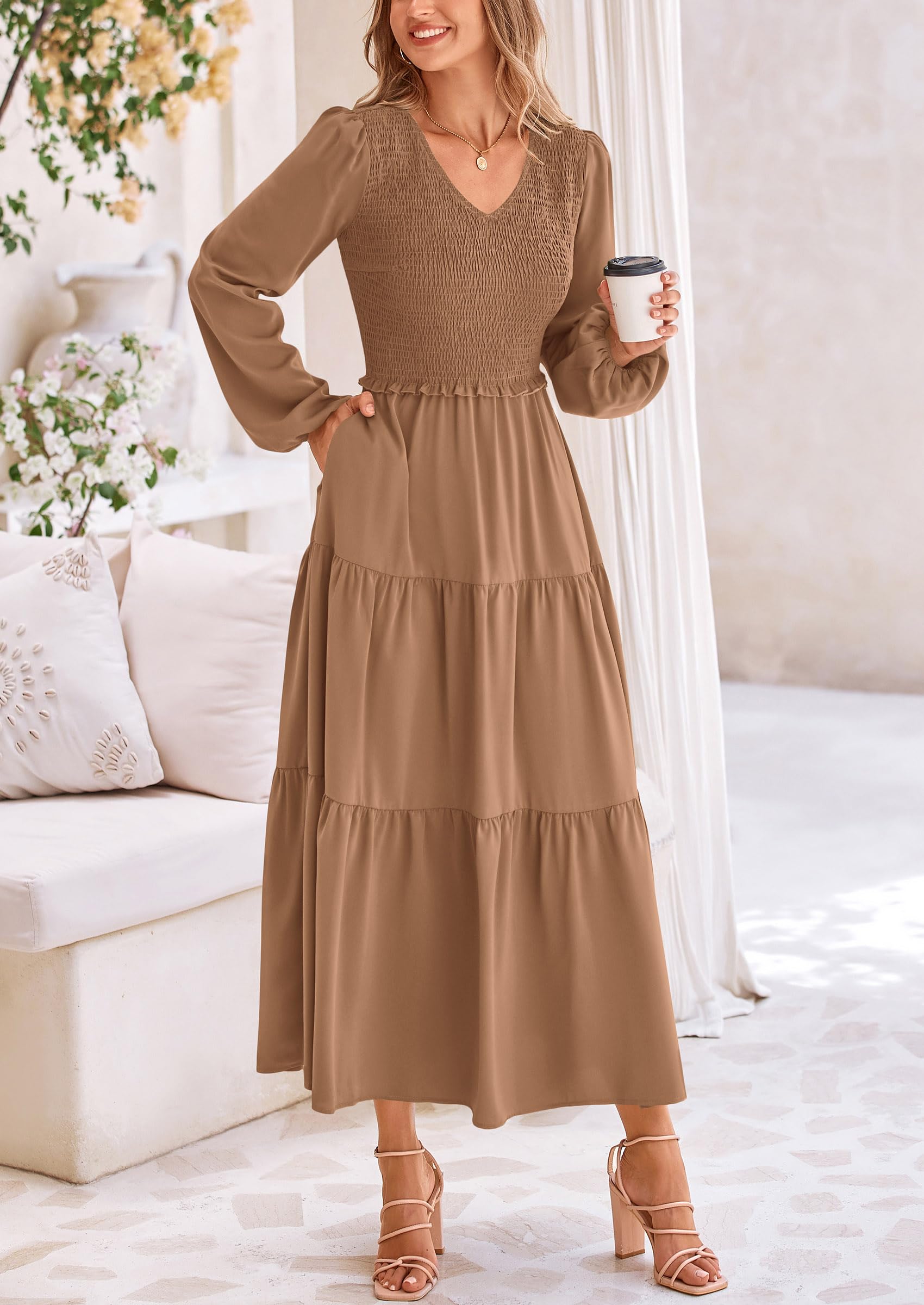 Foto 5 pulgar | Vestido Midi Prettygarden Para Mujer Con Cuello En V Fruncido Y Manga Larga - Venta Internacional.