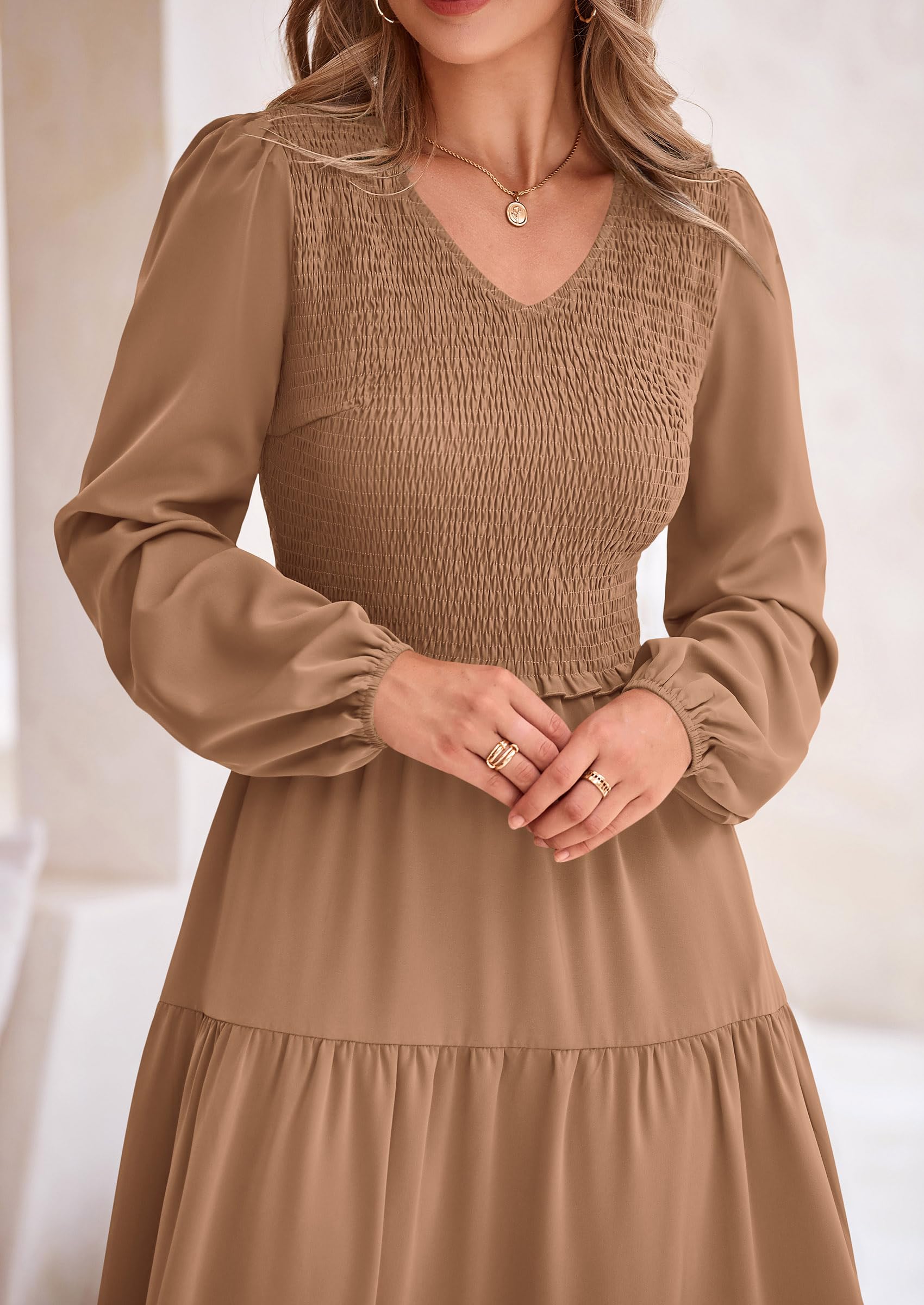 Foto 6 pulgar | Vestido Midi Prettygarden Para Mujer Con Cuello En V Fruncido Y Manga Larga - Venta Internacional.