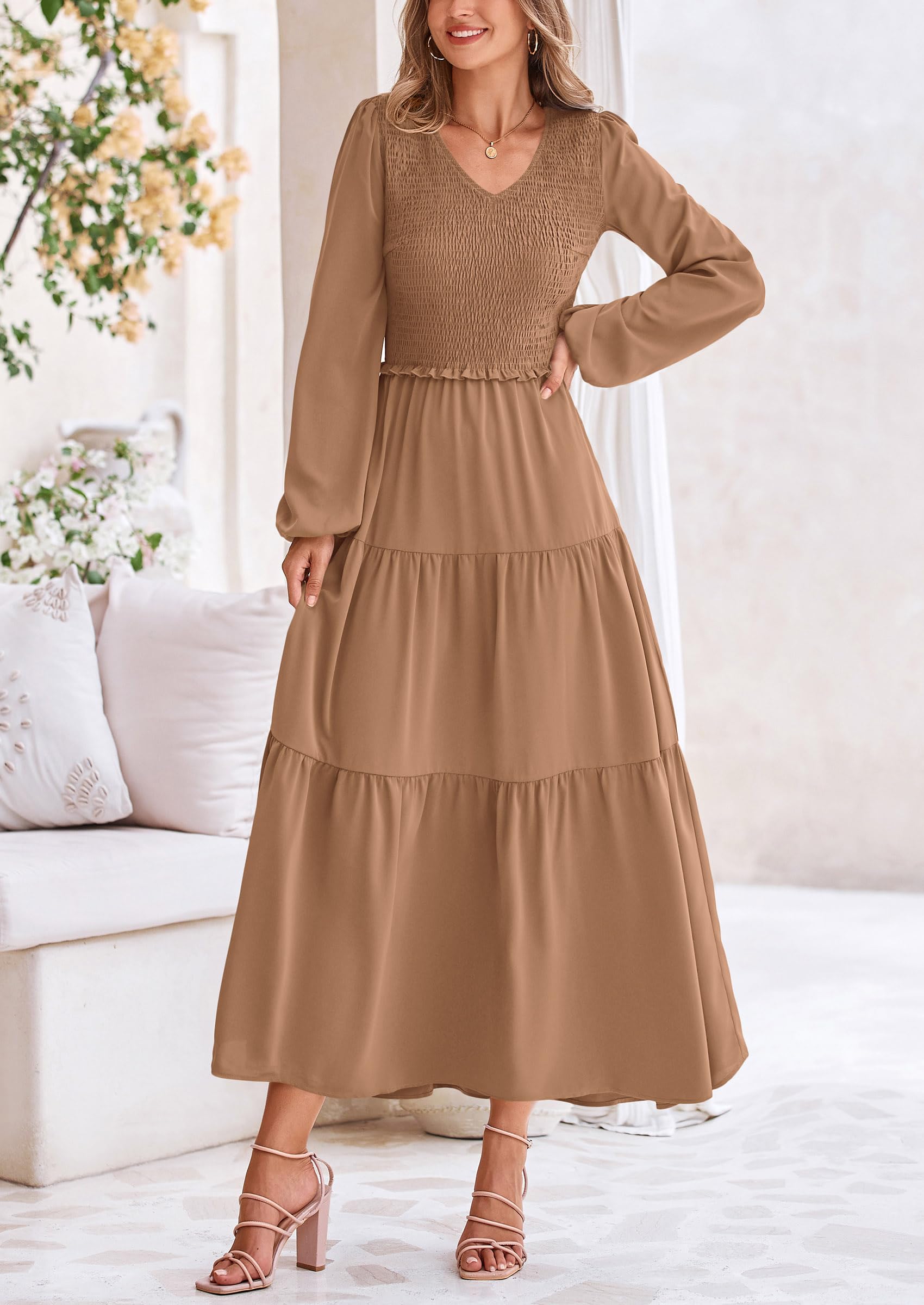 Foto 8 pulgar | Vestido Midi Prettygarden Para Mujer Con Cuello En V Fruncido Y Manga Larga - Venta Internacional.