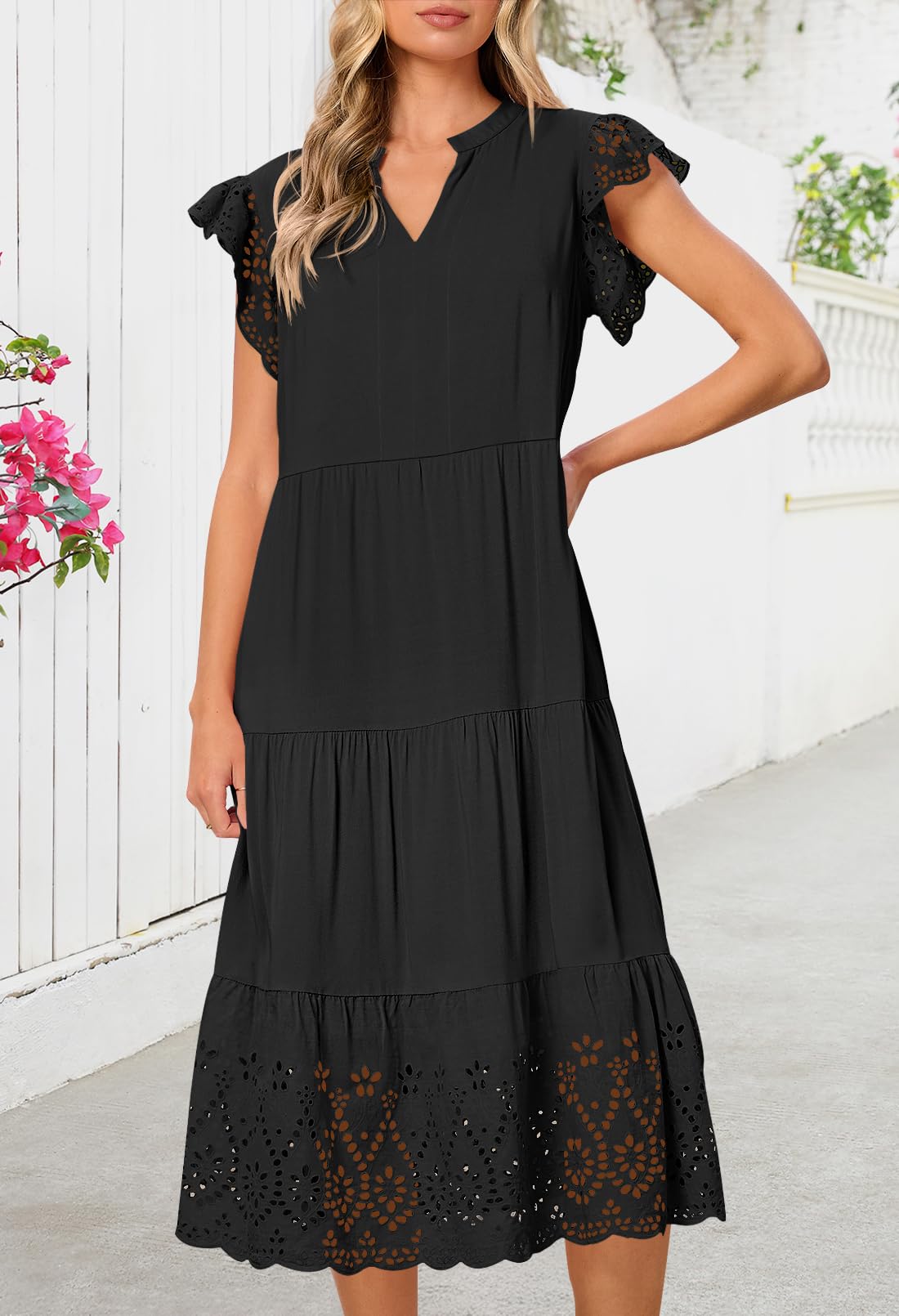 Foto 2 | Vestido Merokeety 2025, Verano, Manga Corta, Cuello En V, Corte A, Negro - Venta Internacional.