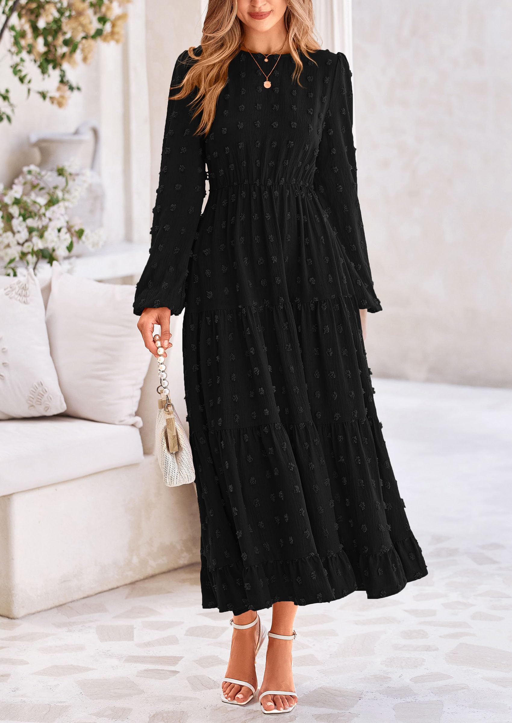 Foto 4 pulgar | Vestido Largo Prettygarden Para Mujer, Elegante, Con Lunares Suizos, Negro - Venta Internacional.