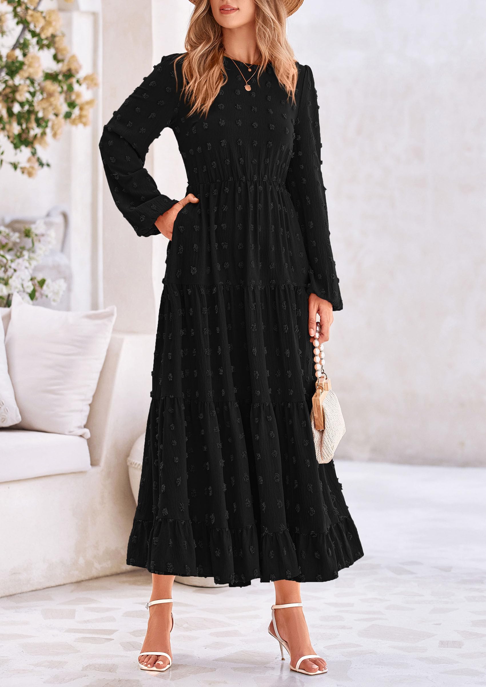 Foto 6 pulgar | Vestido Largo Prettygarden Para Mujer, Elegante, Con Lunares Suizos, Negro - Venta Internacional.