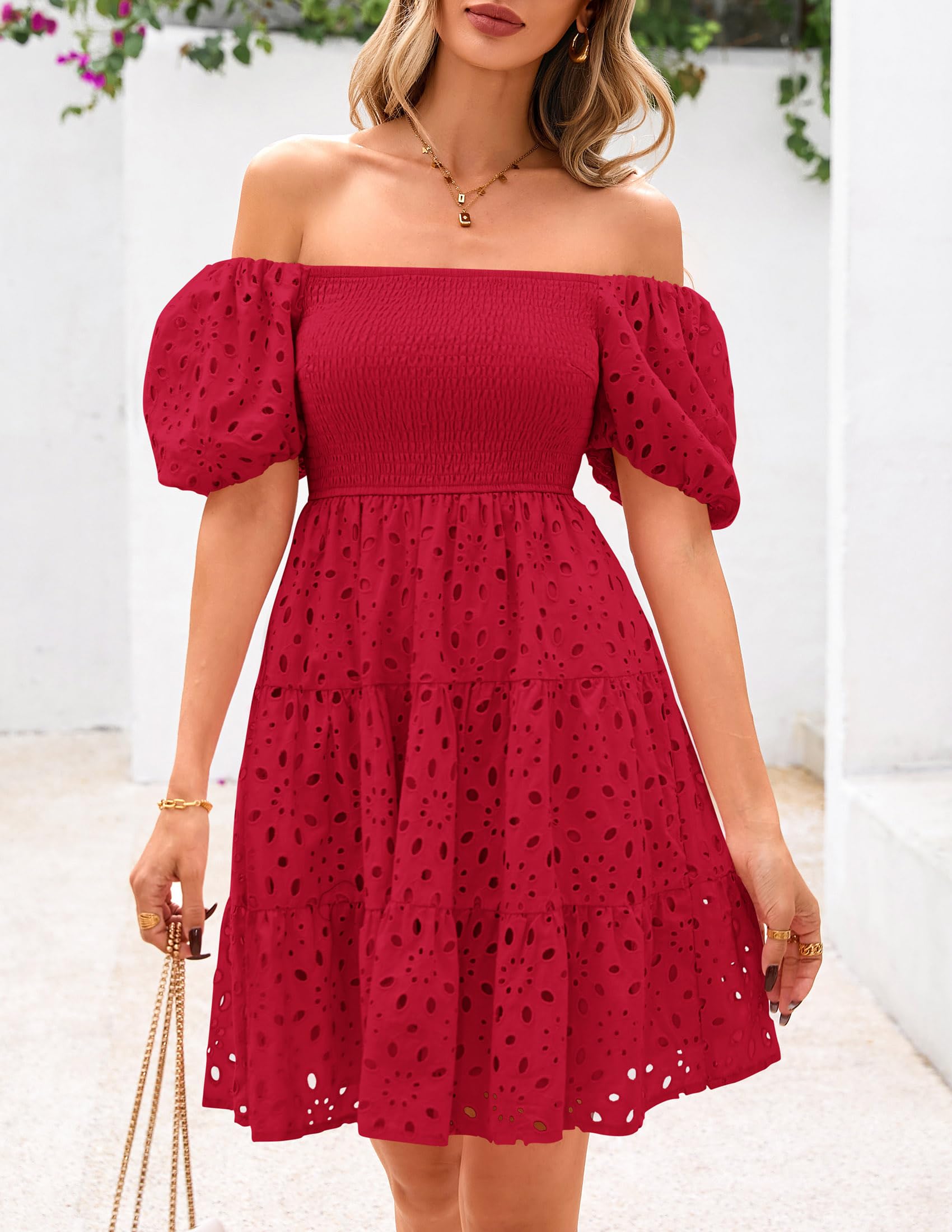 Foto 4 pulgar | Vestido Prettygarden Para Mujer, Verano, Hombros Descubiertos, Ojales, Rojo - Venta Internacional.