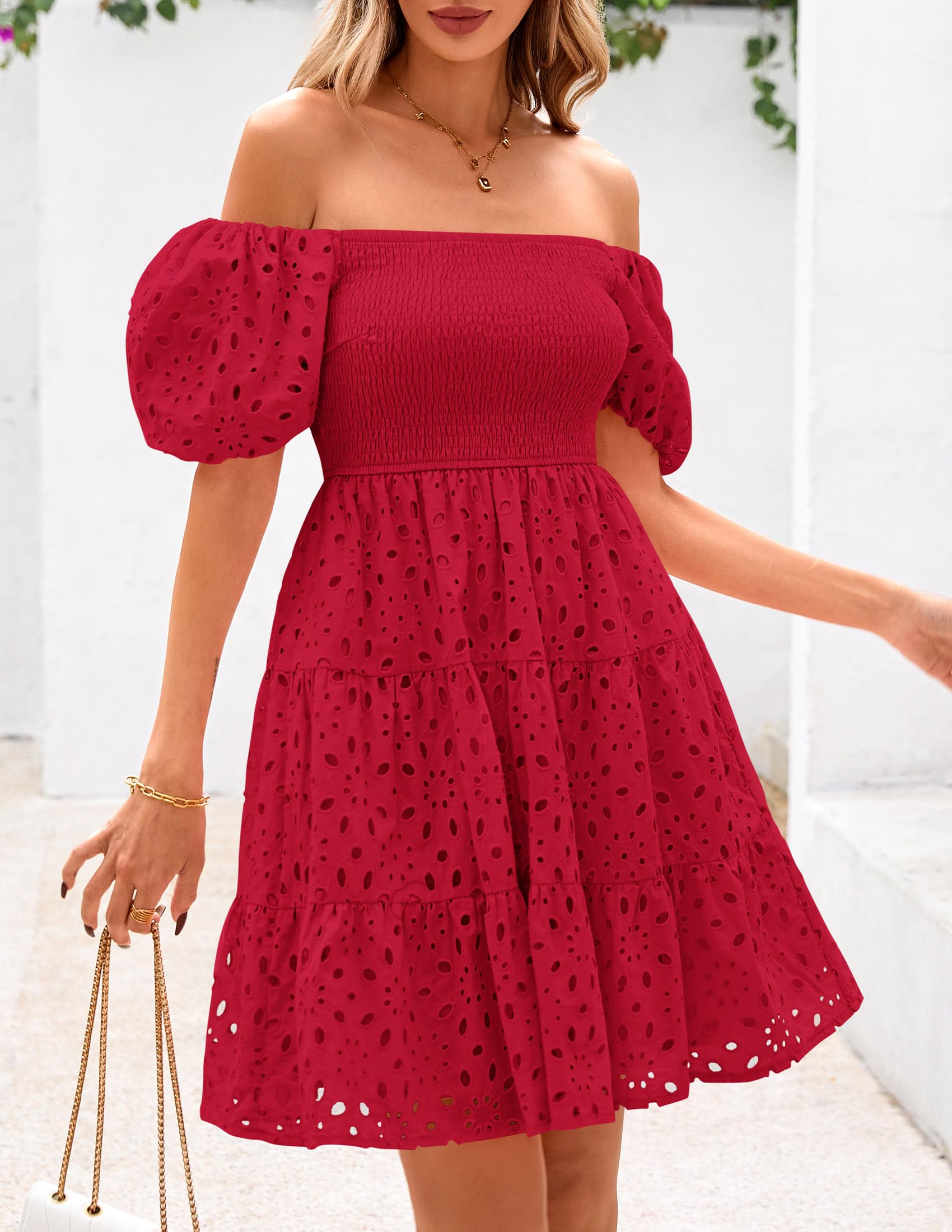 Foto 5 pulgar | Vestido Prettygarden Para Mujer, Verano, Hombros Descubiertos, Ojales, Rojo - Venta Internacional.