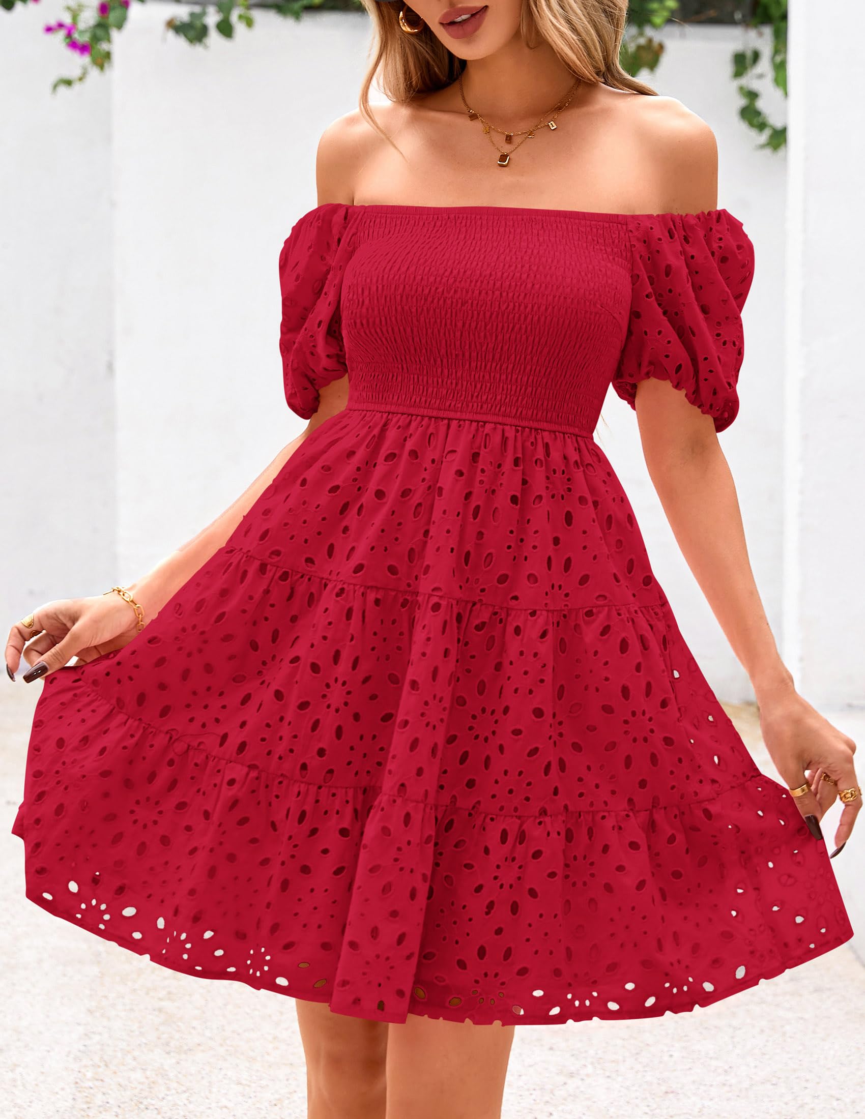 Foto 6 pulgar | Vestido Prettygarden Para Mujer, Verano, Hombros Descubiertos, Ojales, Rojo - Venta Internacional.
