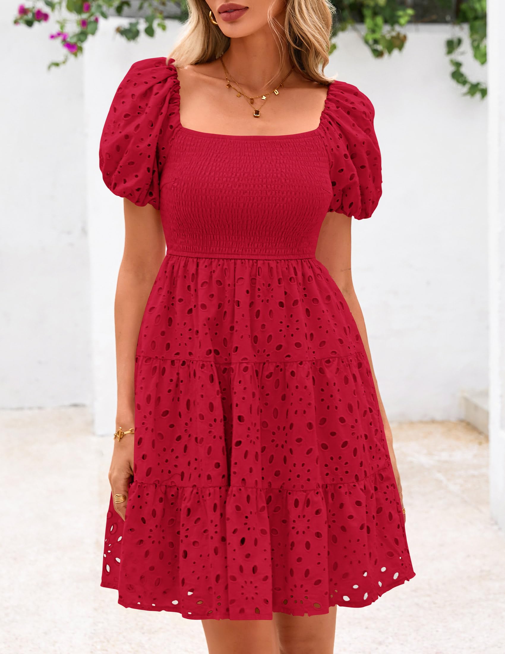 Foto 7 pulgar | Vestido Prettygarden Para Mujer, Verano, Hombros Descubiertos, Ojales, Rojo - Venta Internacional.