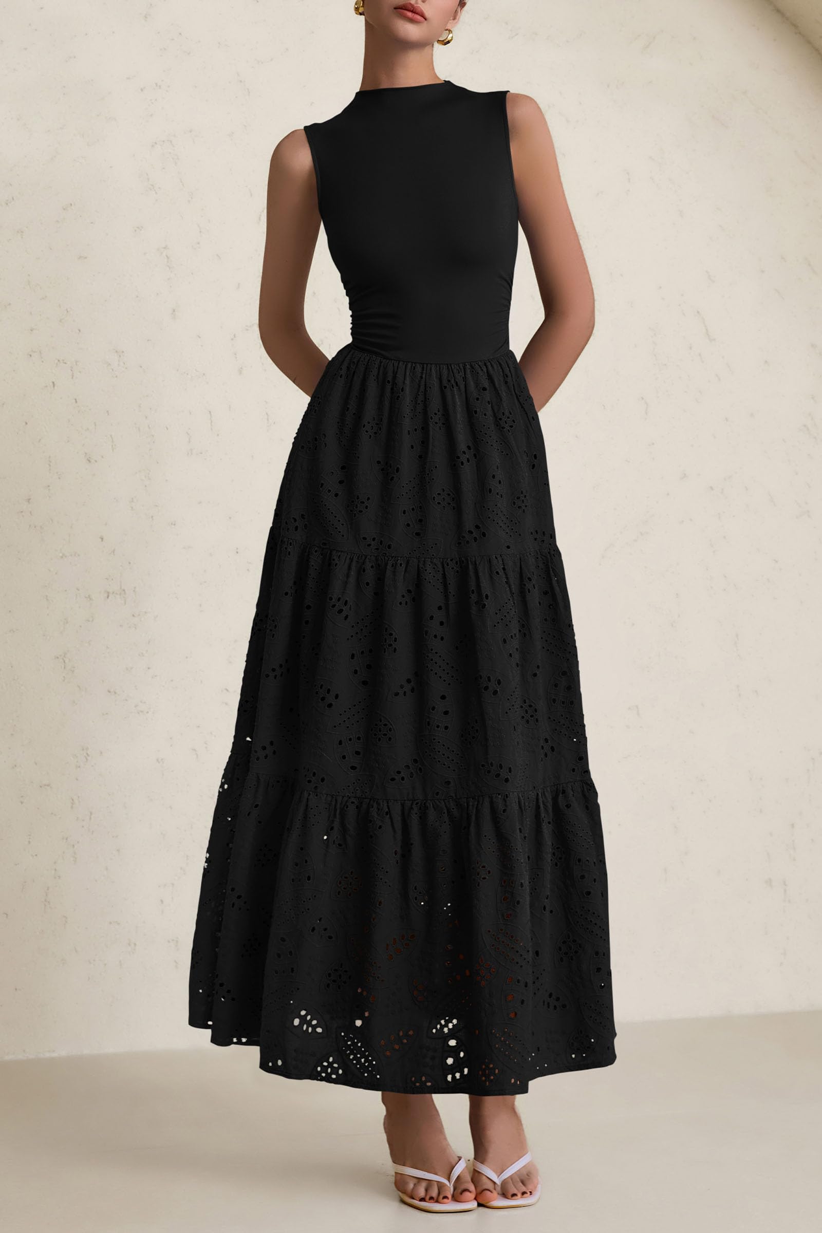 Foto 6 pulgar | Vestido De Verano Prettygarden 2025, Camiseta Sin Mangas Con Ojales, Maxi Con Bolsillos - Venta Internacional.